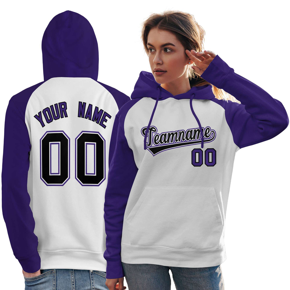 Custom Stitched White Purple-Black Raglan Sleeves Sports Pullover Sweatshirt Hoodie For Women| KXKSHOP
