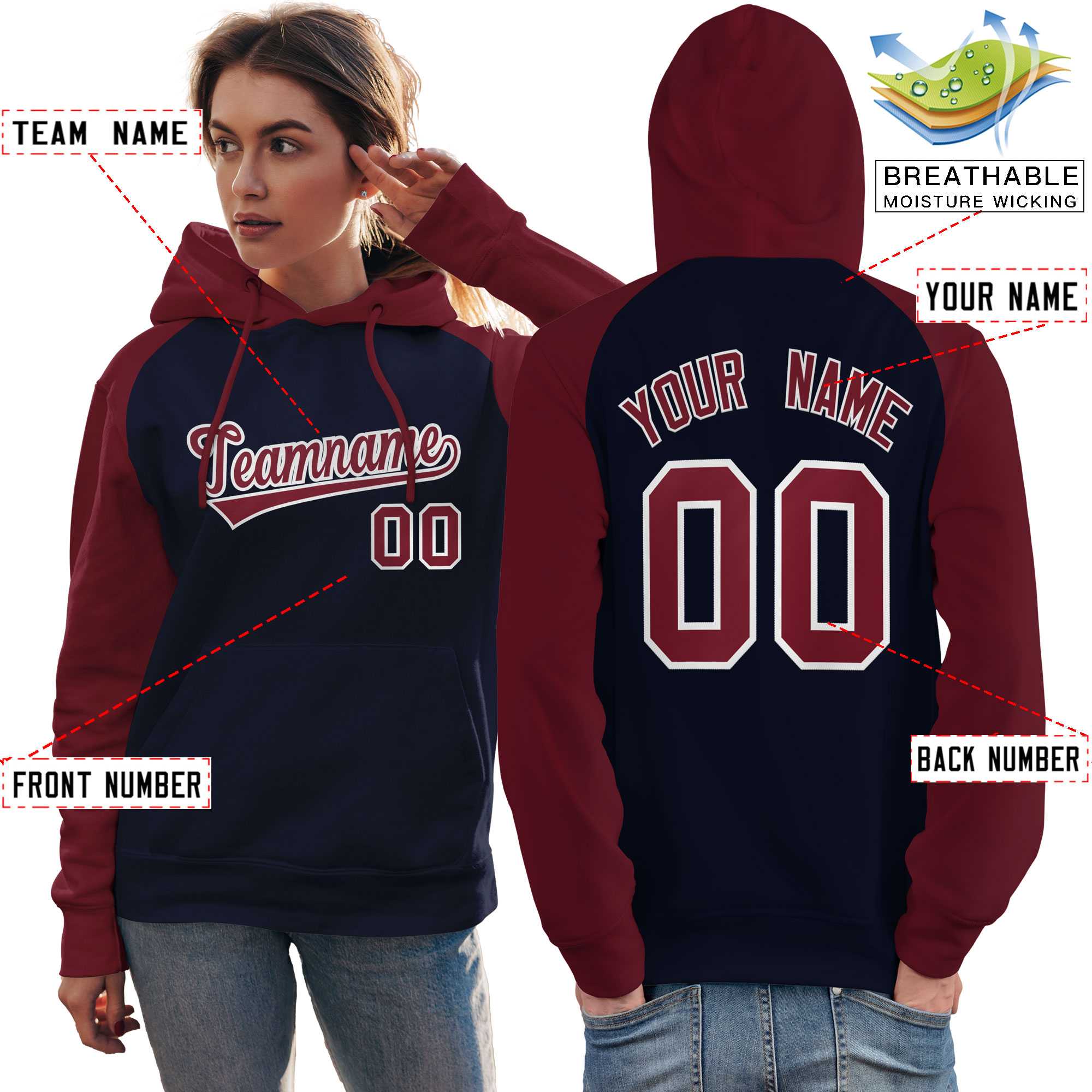 Custom Stitched Navy Crimson Raglan Sleeves Sports Pullover Sweatshirt Hoodie For Women| KXKSHOP