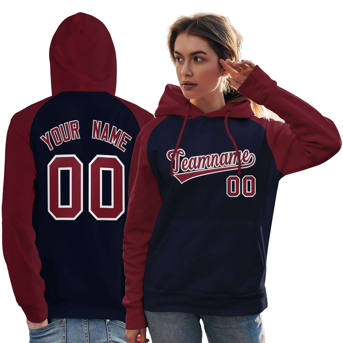 Custom Stitched Navy Crimson Raglan Sleeves Sports Pullover Sweatshirt Hoodie For Women| KXKSHOP