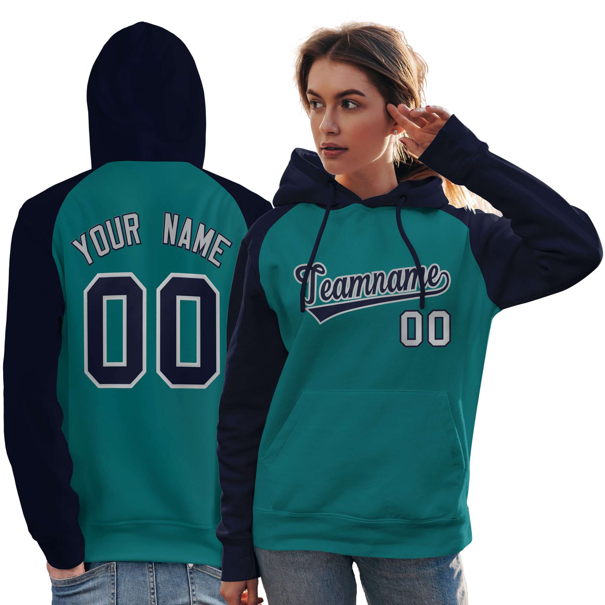 Custom Stitched Aqua Navy Raglan Sleeves Sports Pullover Sweatshirt Hoodie For Women| KXKSHOP