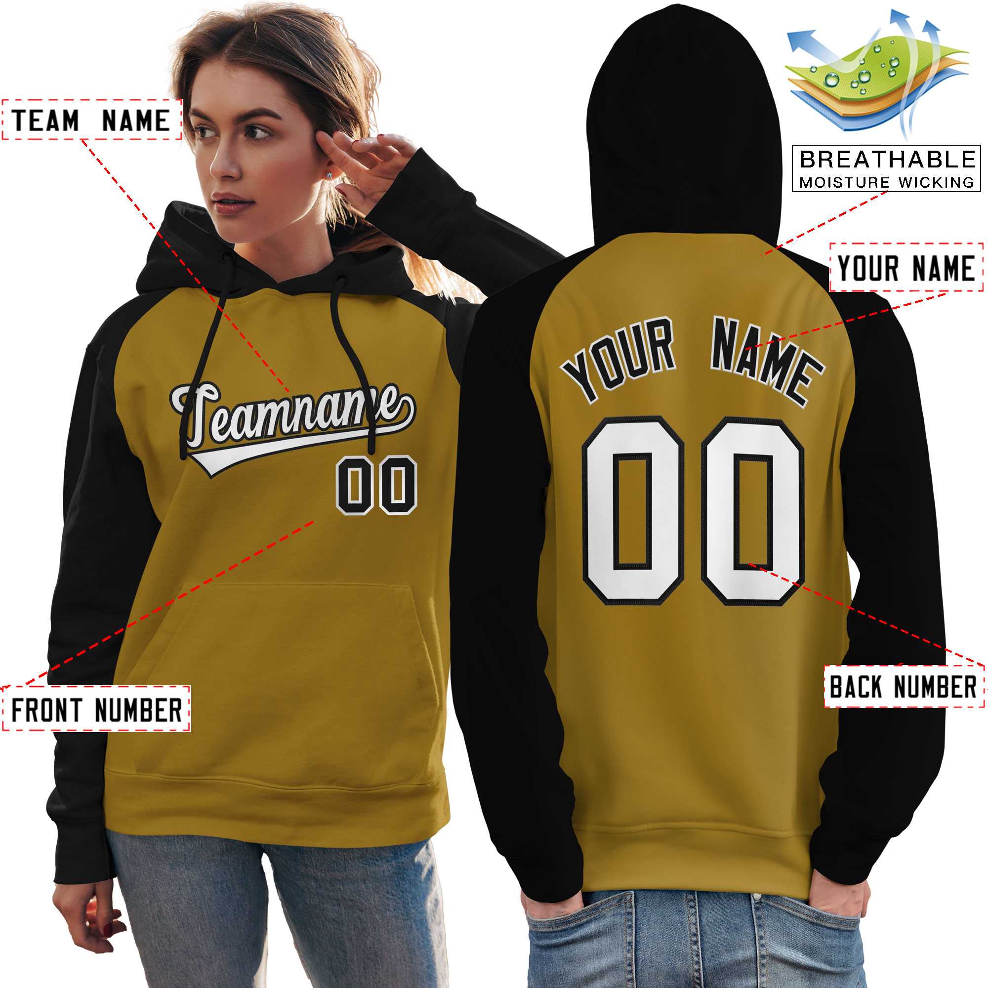 Custom Stitched Old Gold Black-White Raglan Sleeves Sports Pullover Sweatshirt Hoodie For Women| KXKSHOP