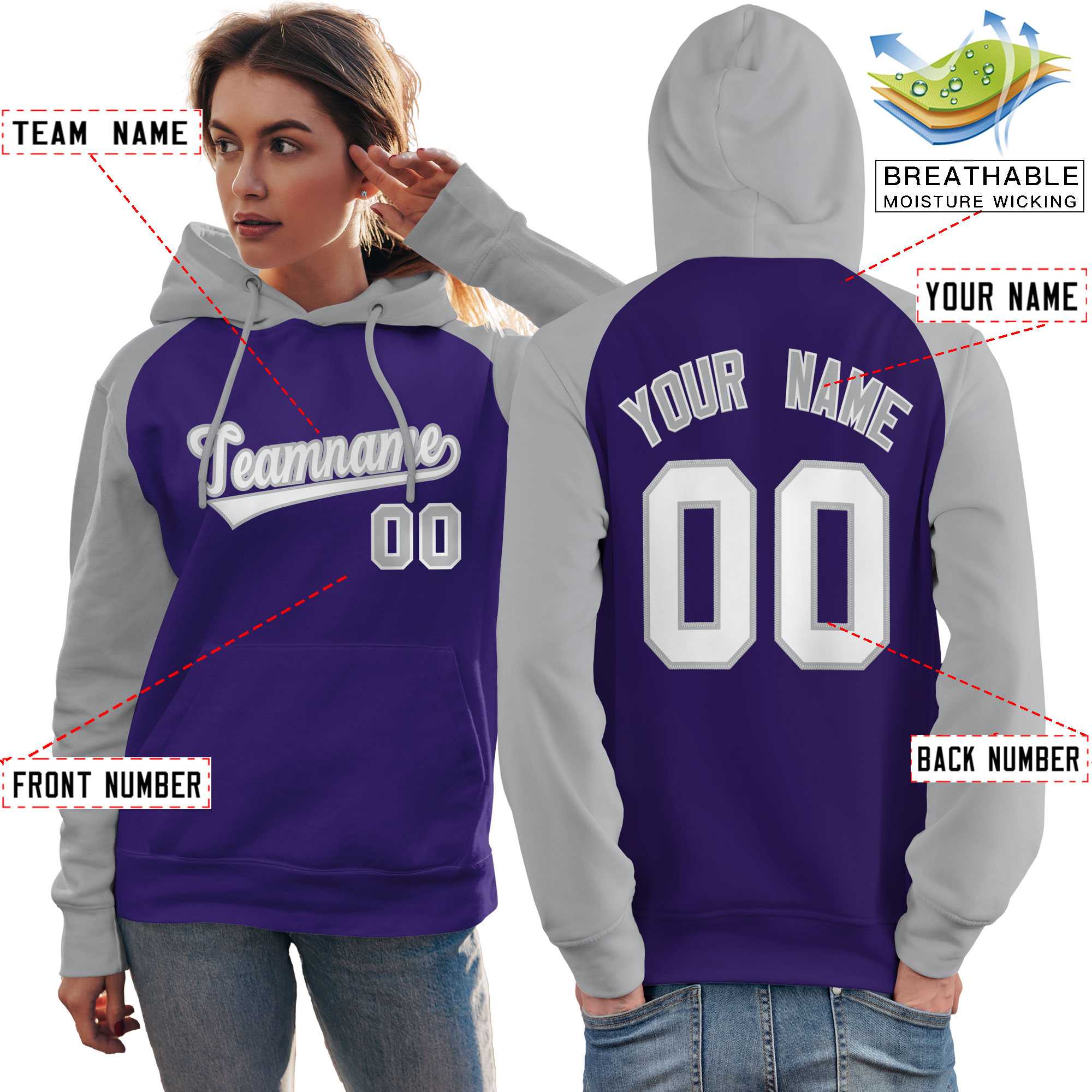 Custom Stitched Purple Gray-White Raglan Sleeves Sports Pullover Sweatshirt Hoodie For Women| KXKSHOP