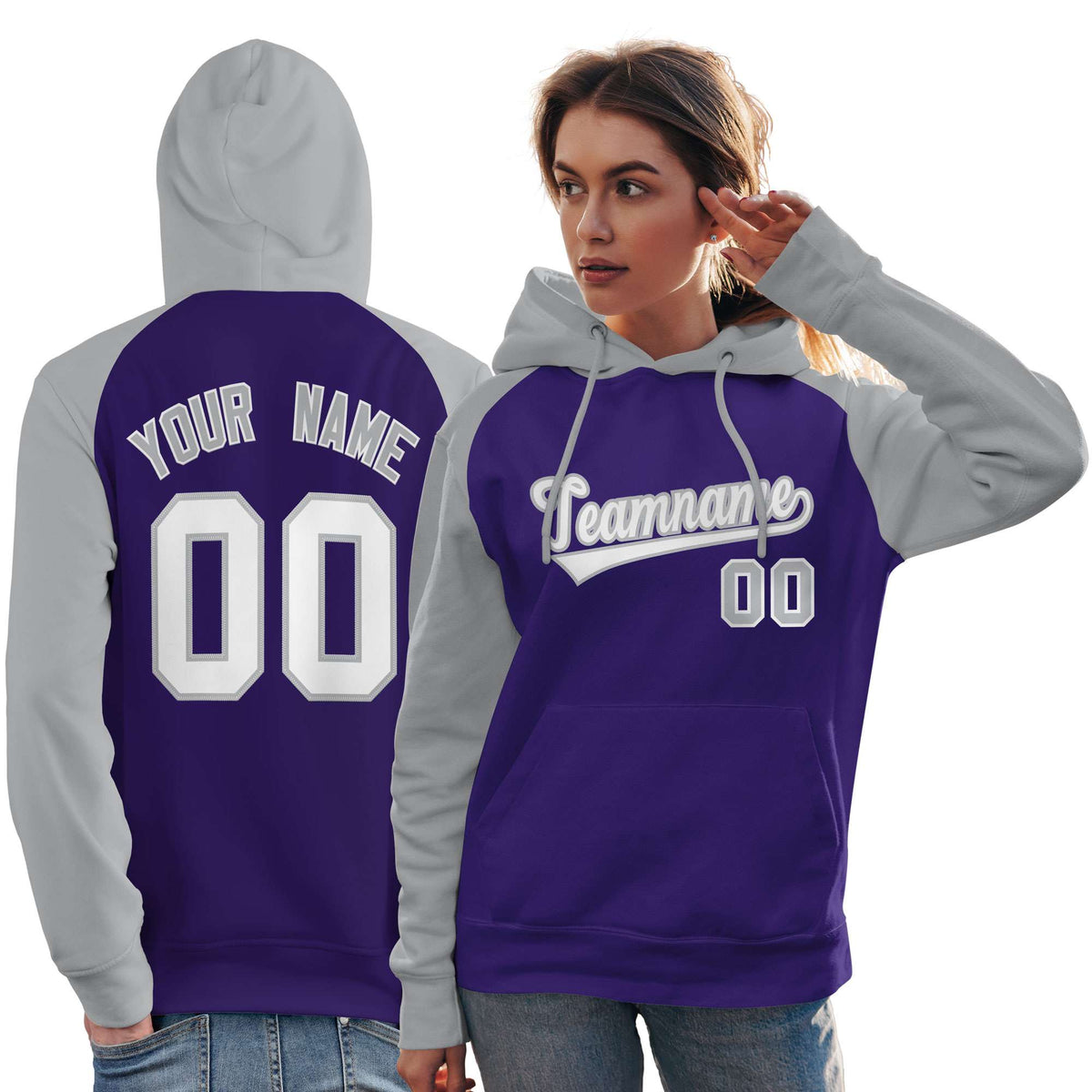 Custom Stitched Purple Gray-White Raglan Sleeves Sports Pullover Sweatshirt Hoodie For Women| KXKSHOP