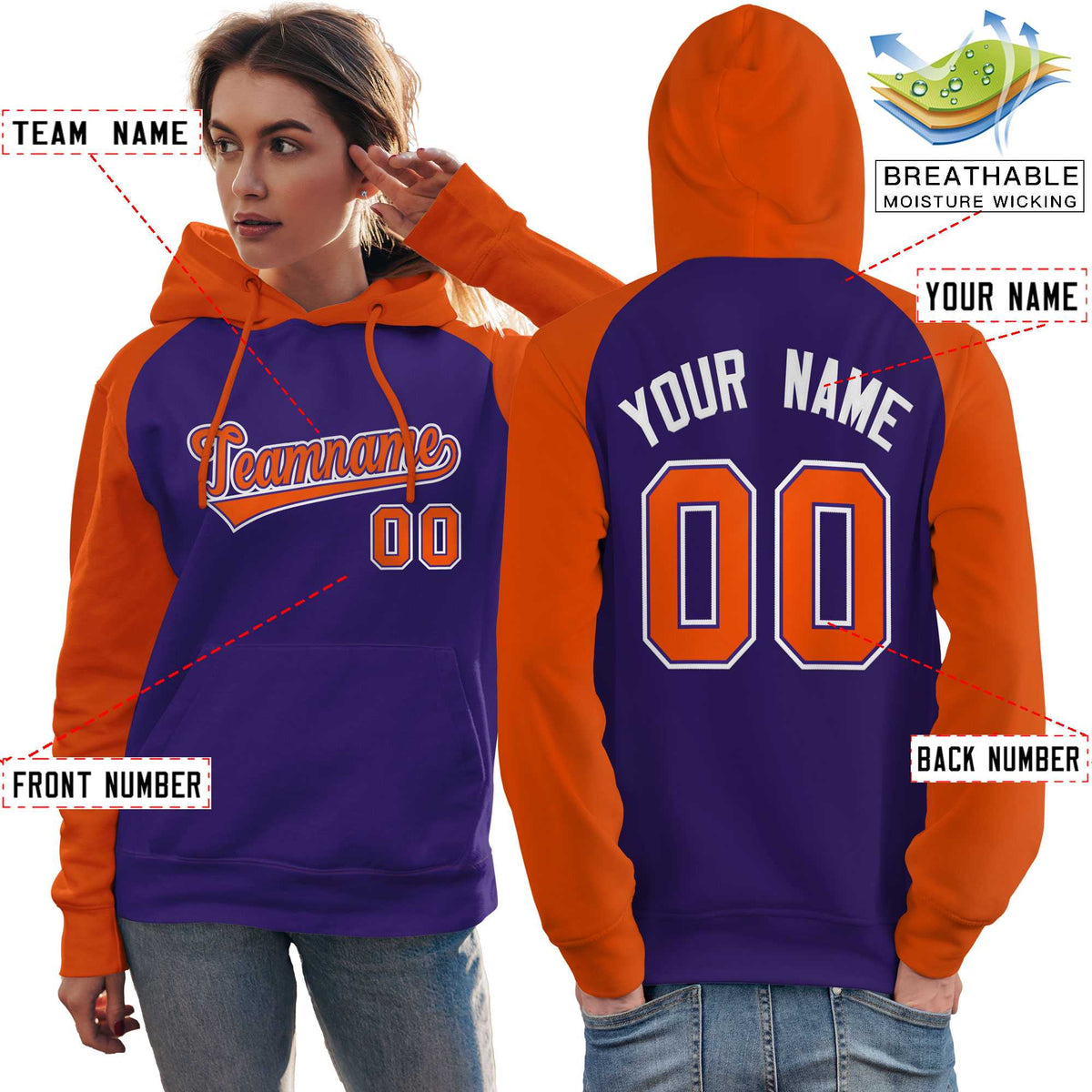 Custom Stitched Purple Orange Raglan Sleeves Sports Pullover Sweatshirt Hoodie For Women| KXKSHOP