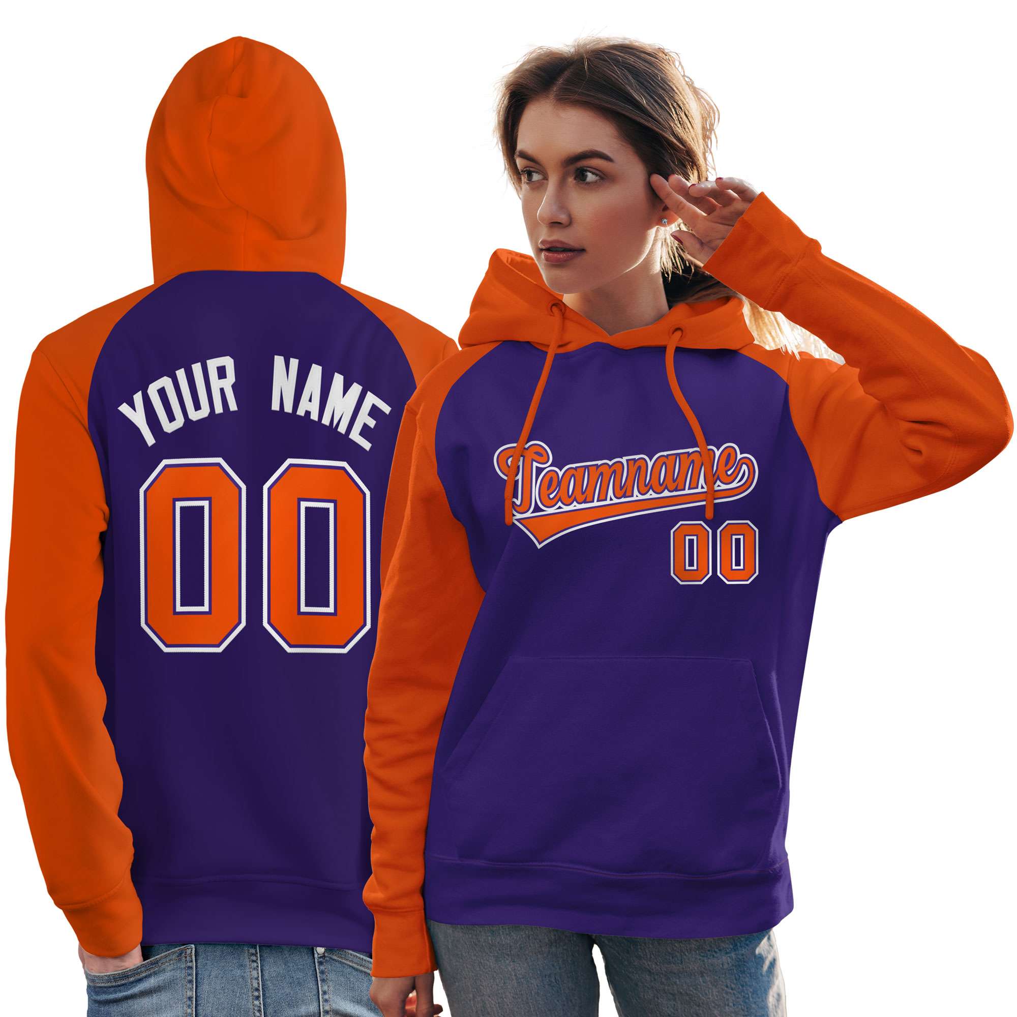 Custom Stitched Purple Orange Raglan Sleeves Sports Pullover Sweatshirt Hoodie For Women| KXKSHOP
