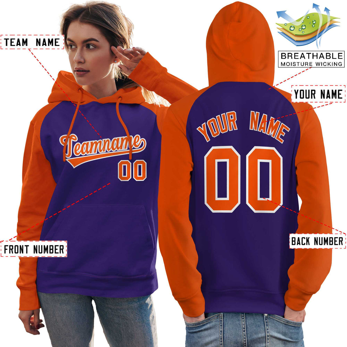 Custom Stitched Purple Orange Raglan Sleeves Sports Pullover Sweatshirt Hoodie For Women| KXKSHOP