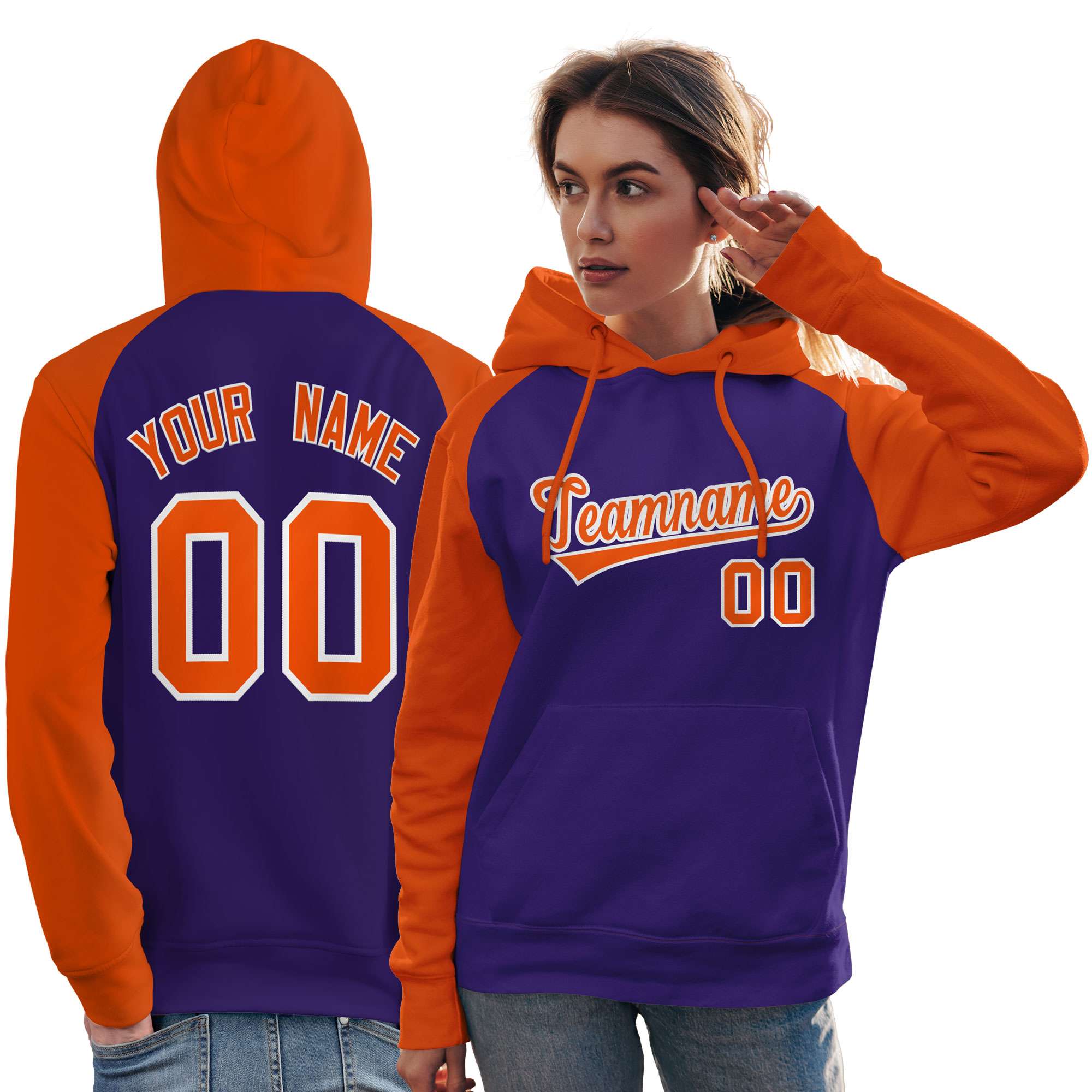 Custom Stitched Purple Orange Raglan Sleeves Sports Pullover Sweatshirt Hoodie For Women| KXKSHOP
