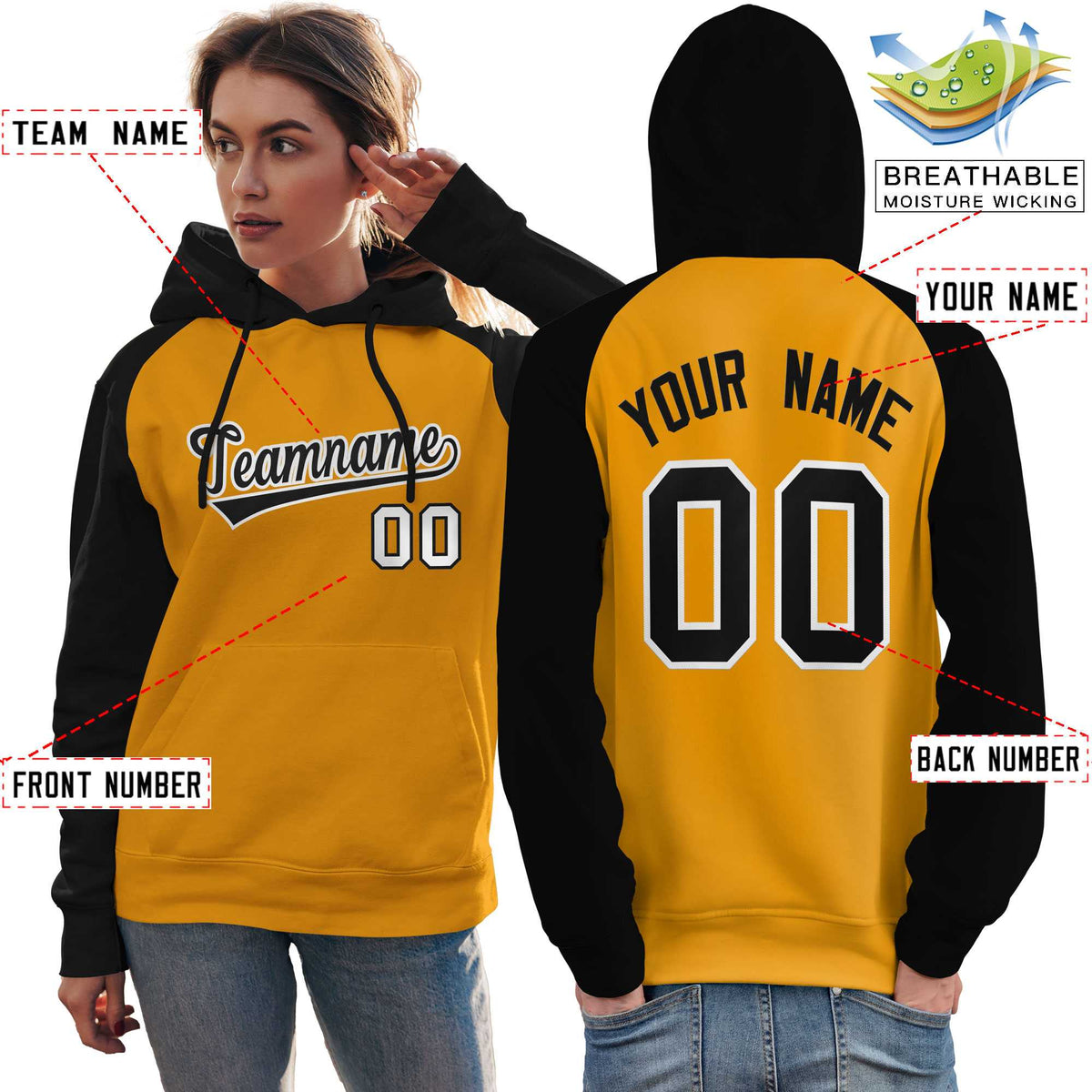 Custom Stitched Gold Black Raglan Sleeves Sports Pullover Sweatshirt Hoodie For Women| KXKSHOP