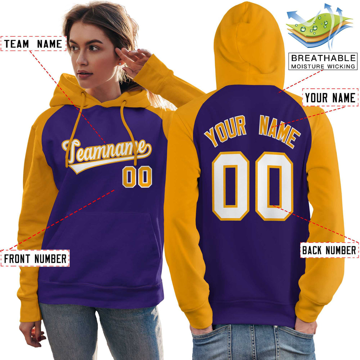 Custom Stitched Purple Gold-White Raglan Sleeves Sports Pullover Sweatshirt Hoodie For Women| KXKSHOP