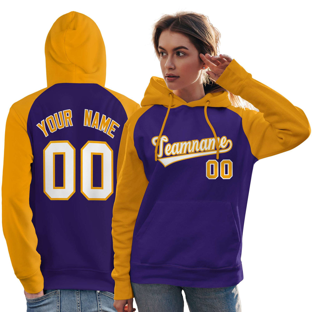Custom Stitched Purple Gold-White Raglan Sleeves Sports Pullover Sweatshirt Hoodie For Women| KXKSHOP