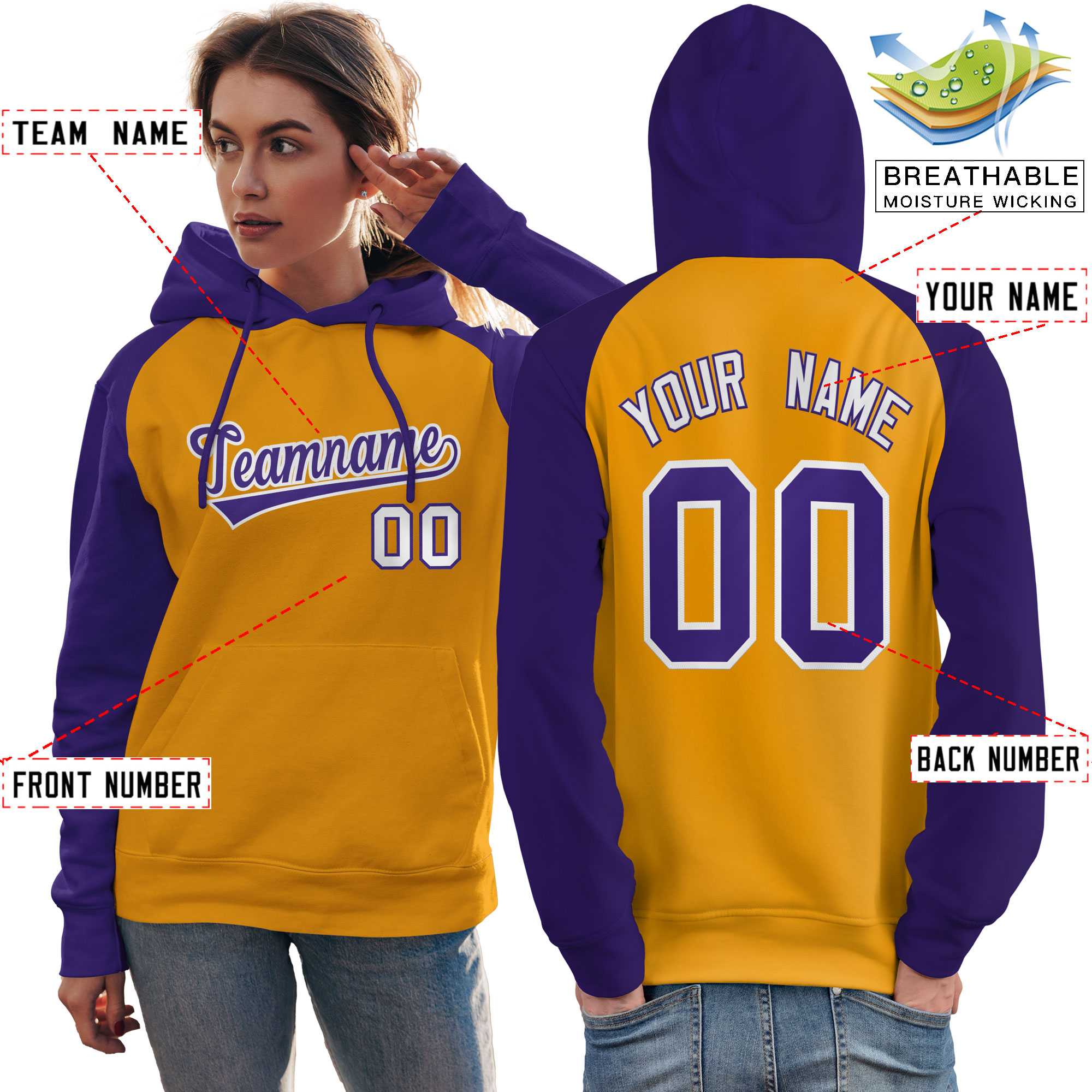 Custom Stitched Gold Purple Raglan Sleeves Sports Pullover Sweatshirt Hoodie For Women| KXKSHOP