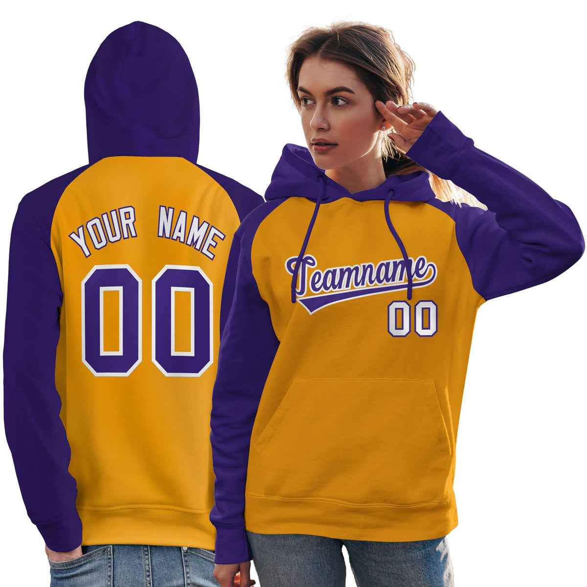 Custom Stitched Gold Purple Raglan Sleeves Sports Pullover Sweatshirt Hoodie For Women| KXKSHOP