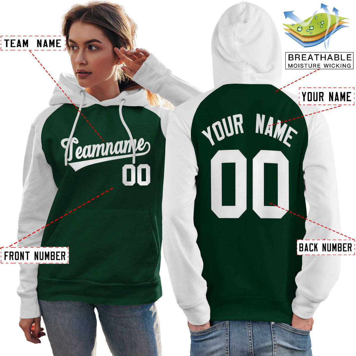 Custom Stitched Green White Raglan Sleeves Sports Pullover Sweatshirt Hoodie For Women| KXKSHOP