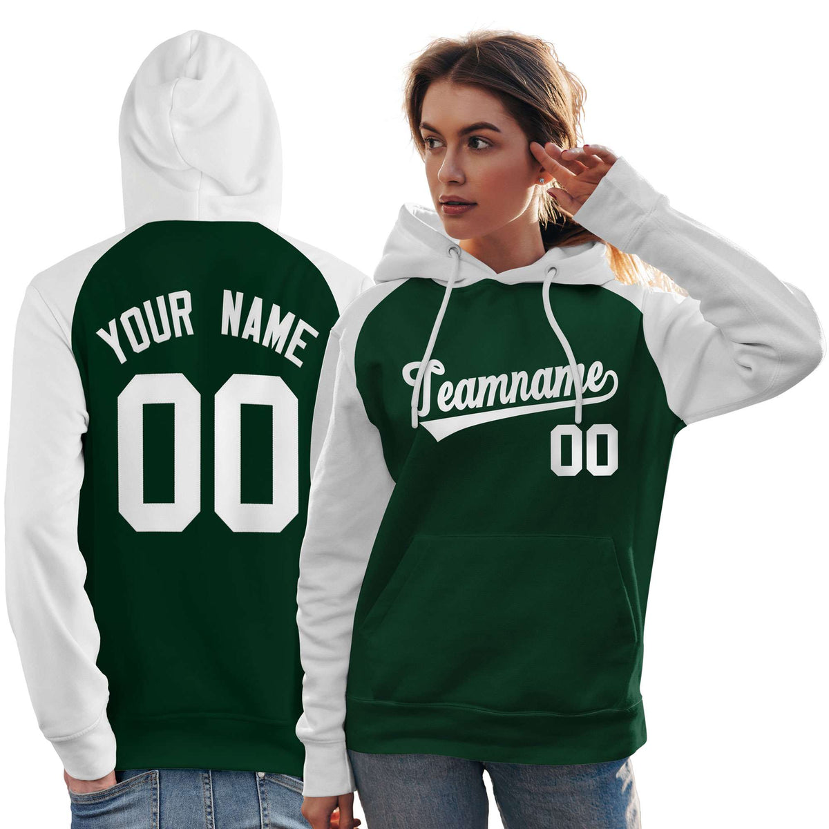 Custom Stitched Green White Raglan Sleeves Sports Pullover Sweatshirt Hoodie For Women| KXKSHOP