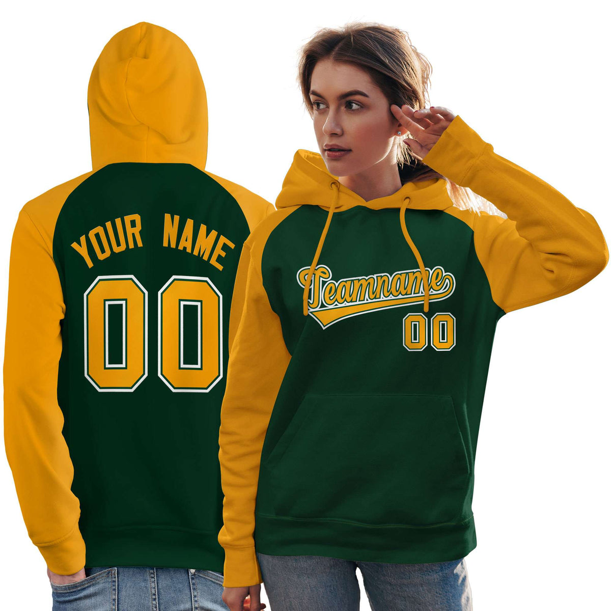 Custom Stitched Green Gold Raglan Sleeves Sports Pullover Sweatshirt Hoodie For Women| KXKSHOP
