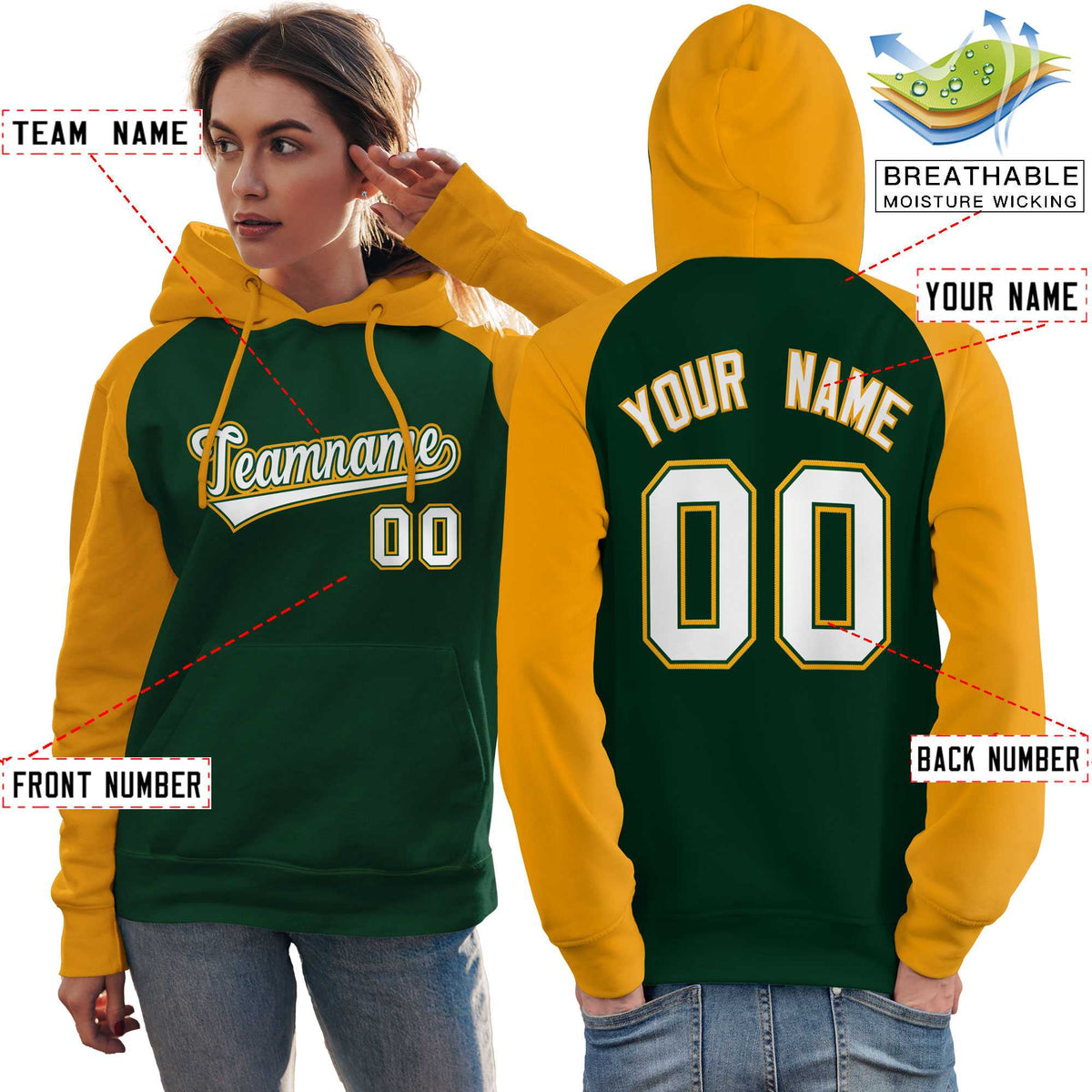 Custom Stitched Green Gold-White Raglan Sleeves Sports Pullover Sweatshirt Hoodie For Women| KXKSHOP