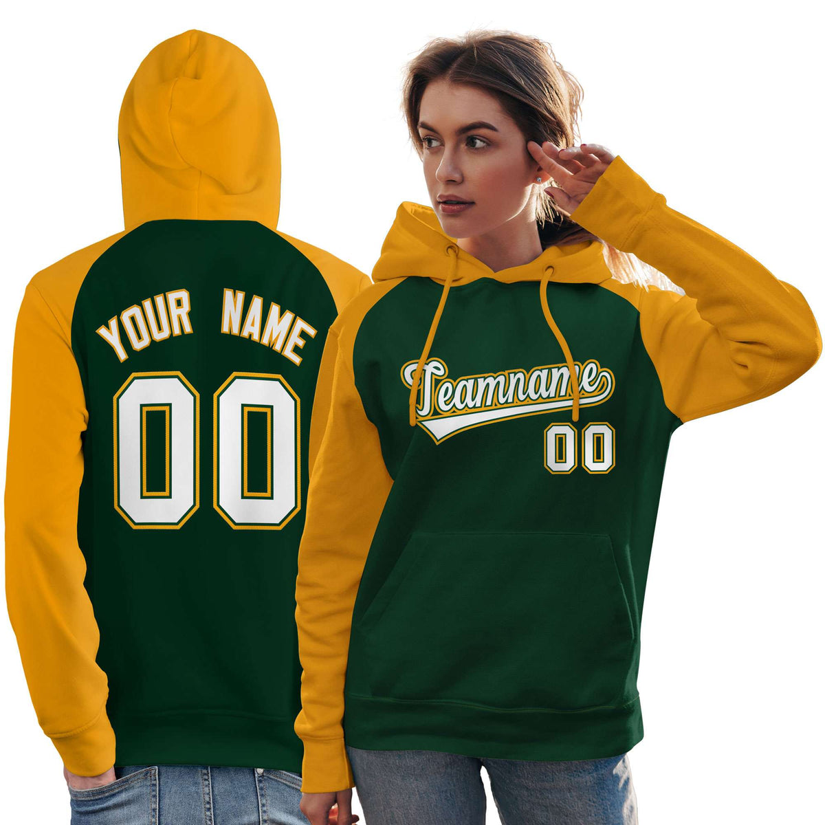 Custom Stitched Green Gold-White Raglan Sleeves Sports Pullover Sweatshirt Hoodie For Women| KXKSHOP