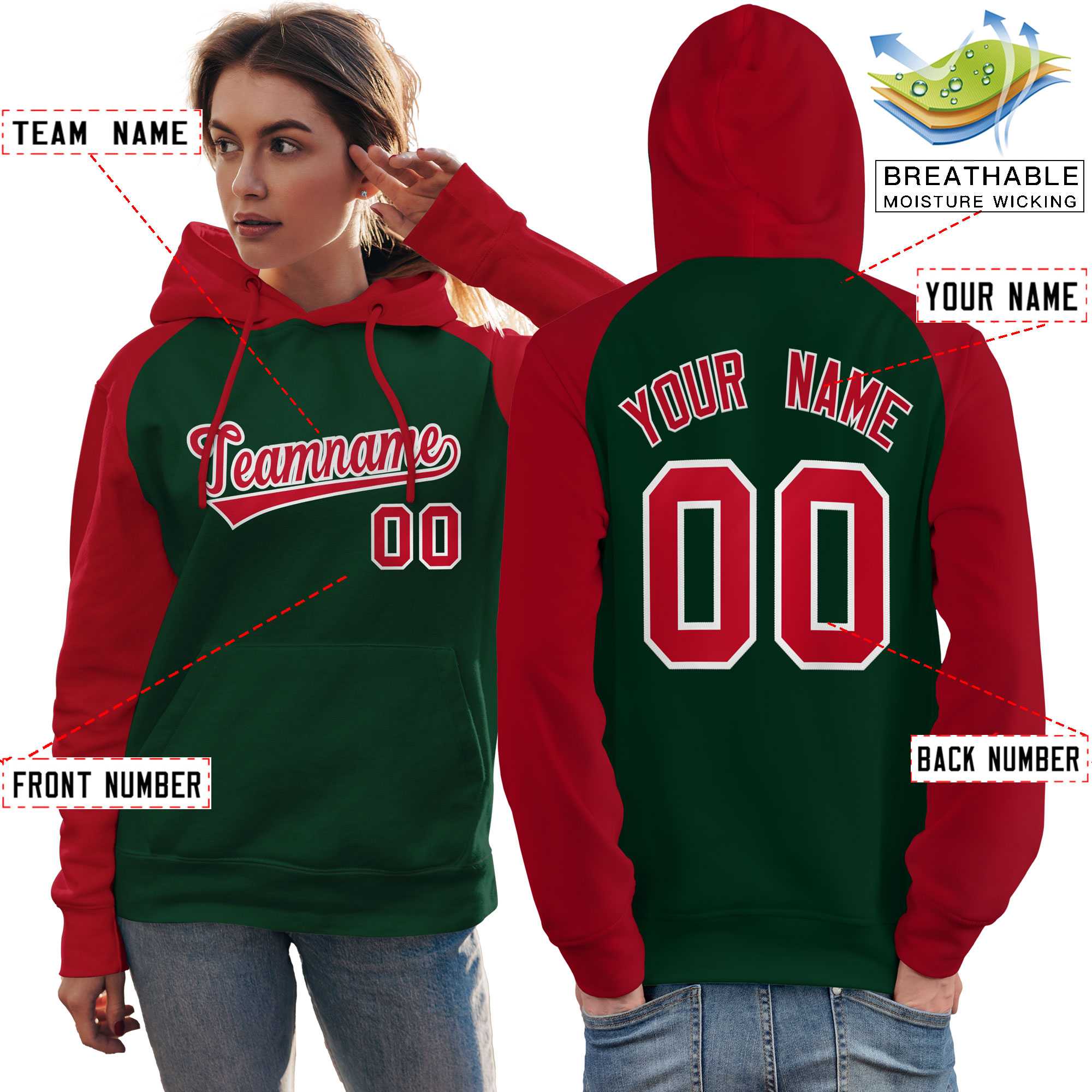 Custom Stitched Green Red Raglan Sleeves Sports Pullover Sweatshirt Hoodie For Women| KXKSHOP