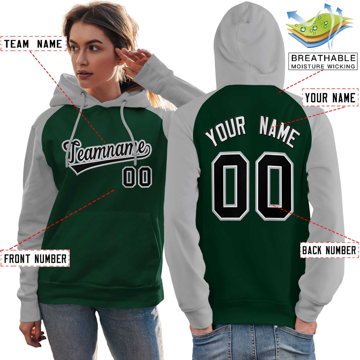 Custom Stitched Green Gray-Black Raglan Sleeves Sports Pullover Sweatshirt Hoodie For Women| KXKSHOP