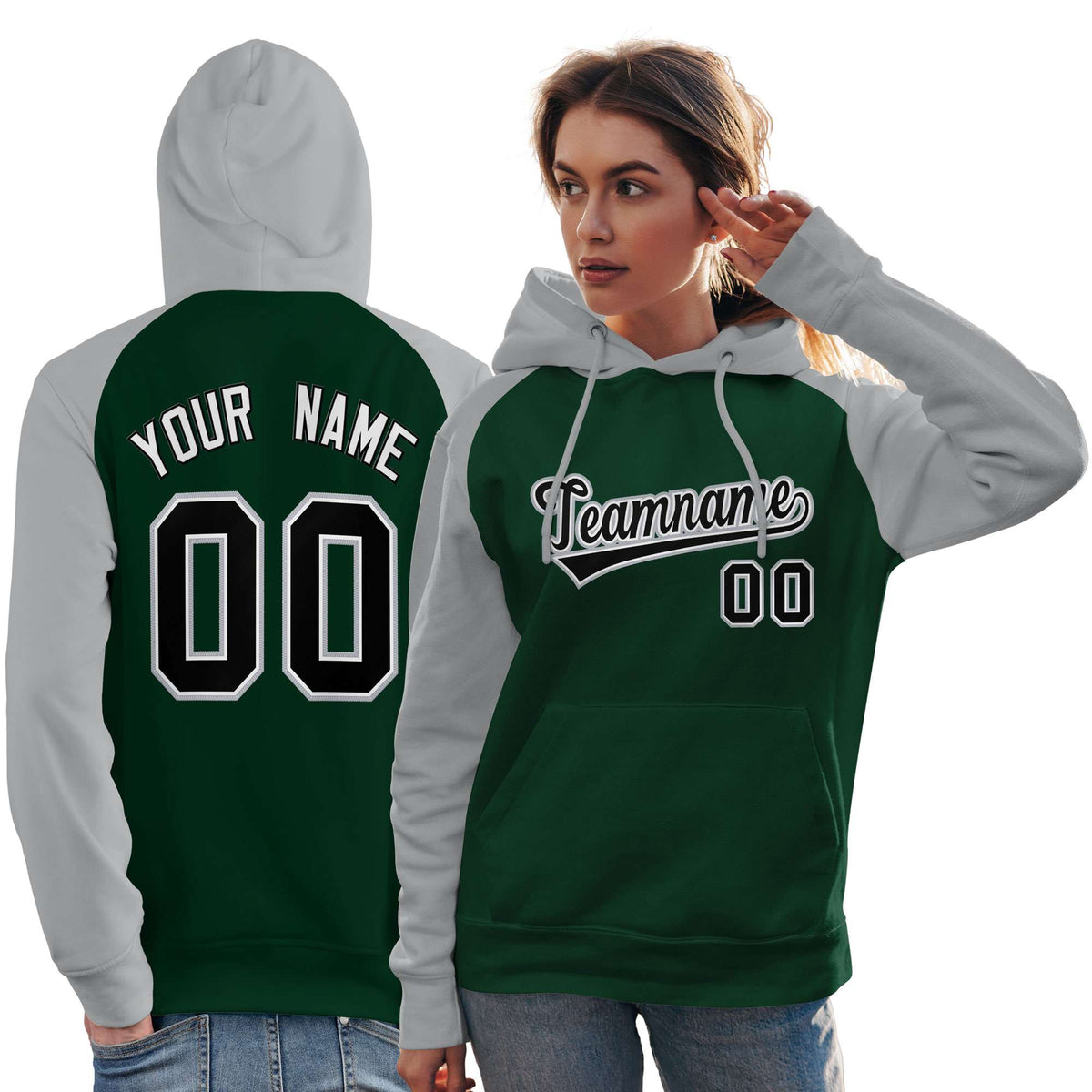 Custom Stitched Green Gray-Black Raglan Sleeves Sports Pullover Sweatshirt Hoodie For Women| KXKSHOP