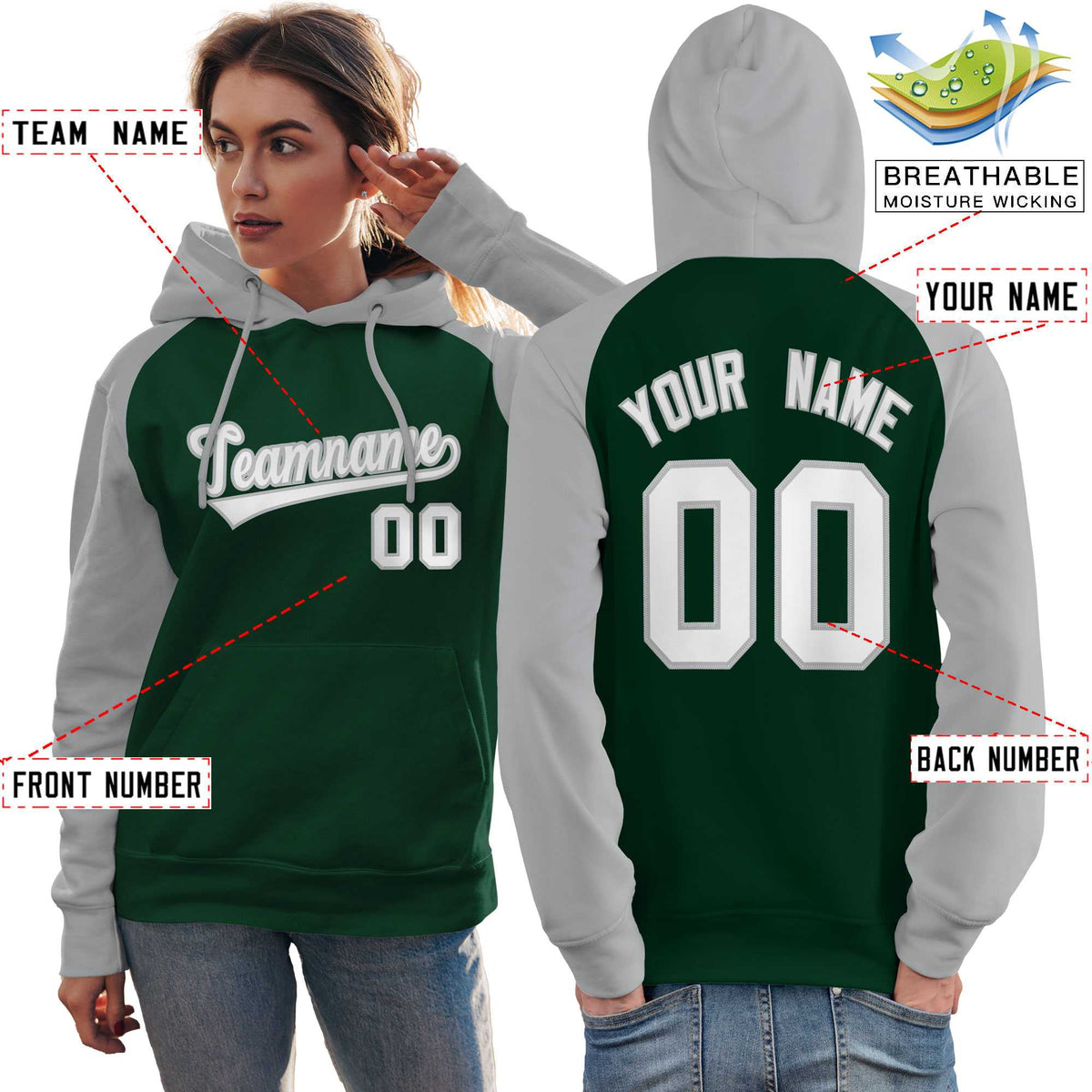 Custom Stitched Green Gray-White Raglan Sleeves Sports Pullover Sweatshirt Hoodie For Women| KXKSHOP