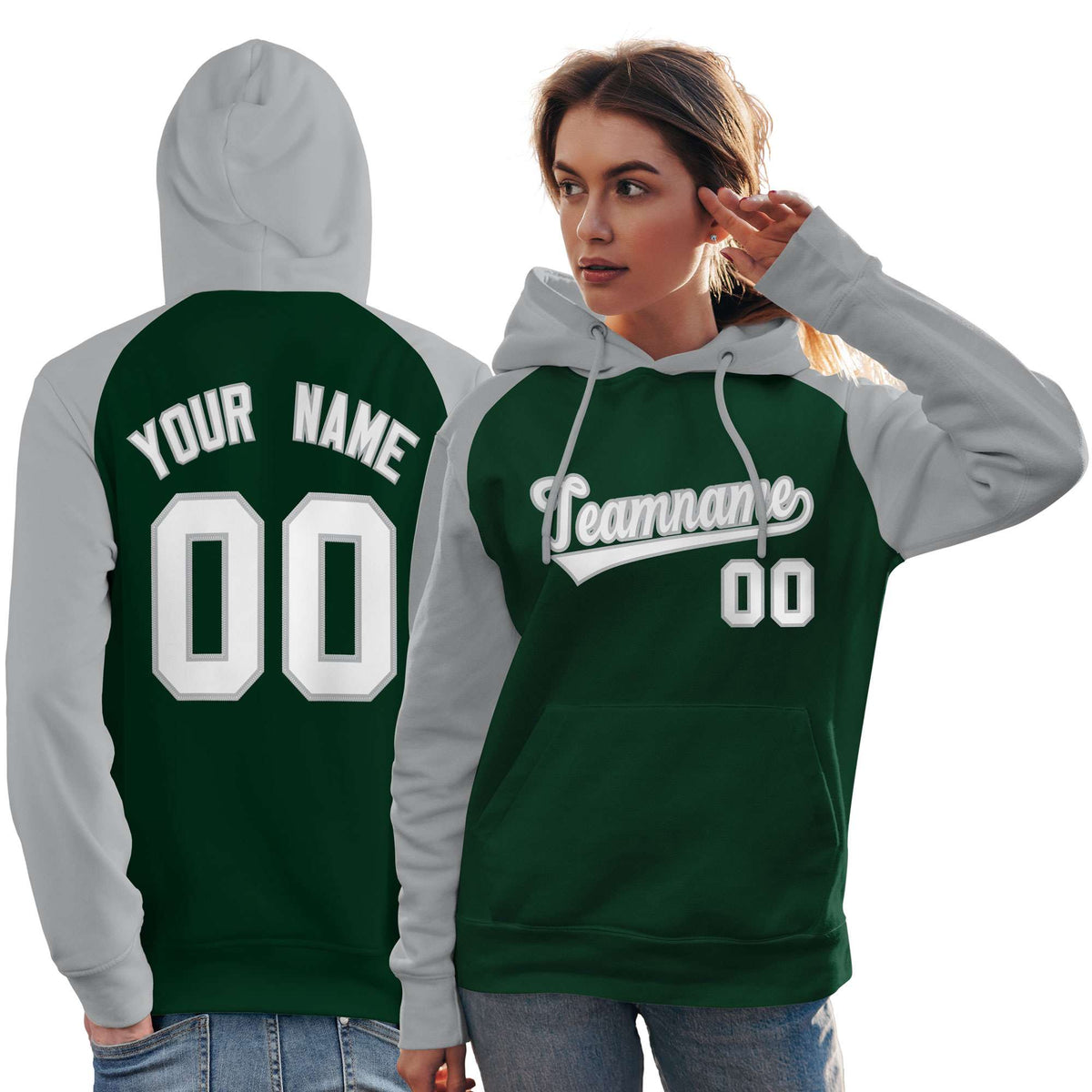 Custom Stitched Green Gray-White Raglan Sleeves Sports Pullover Sweatshirt Hoodie For Women| KXKSHOP