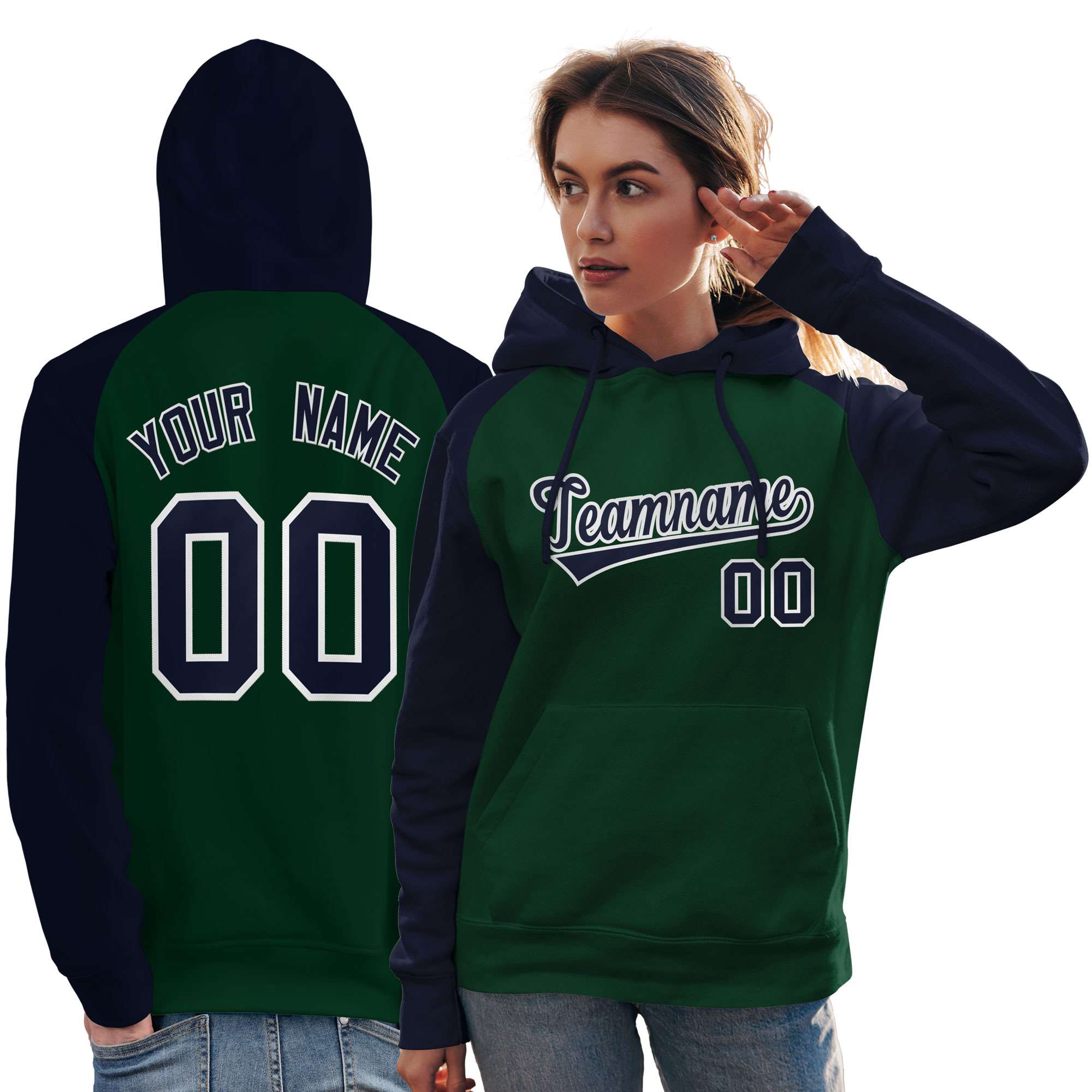 Custom Stitched Green Navy Raglan Sleeves Sports Pullover Sweatshirt Hoodie For Women| KXKSHOP