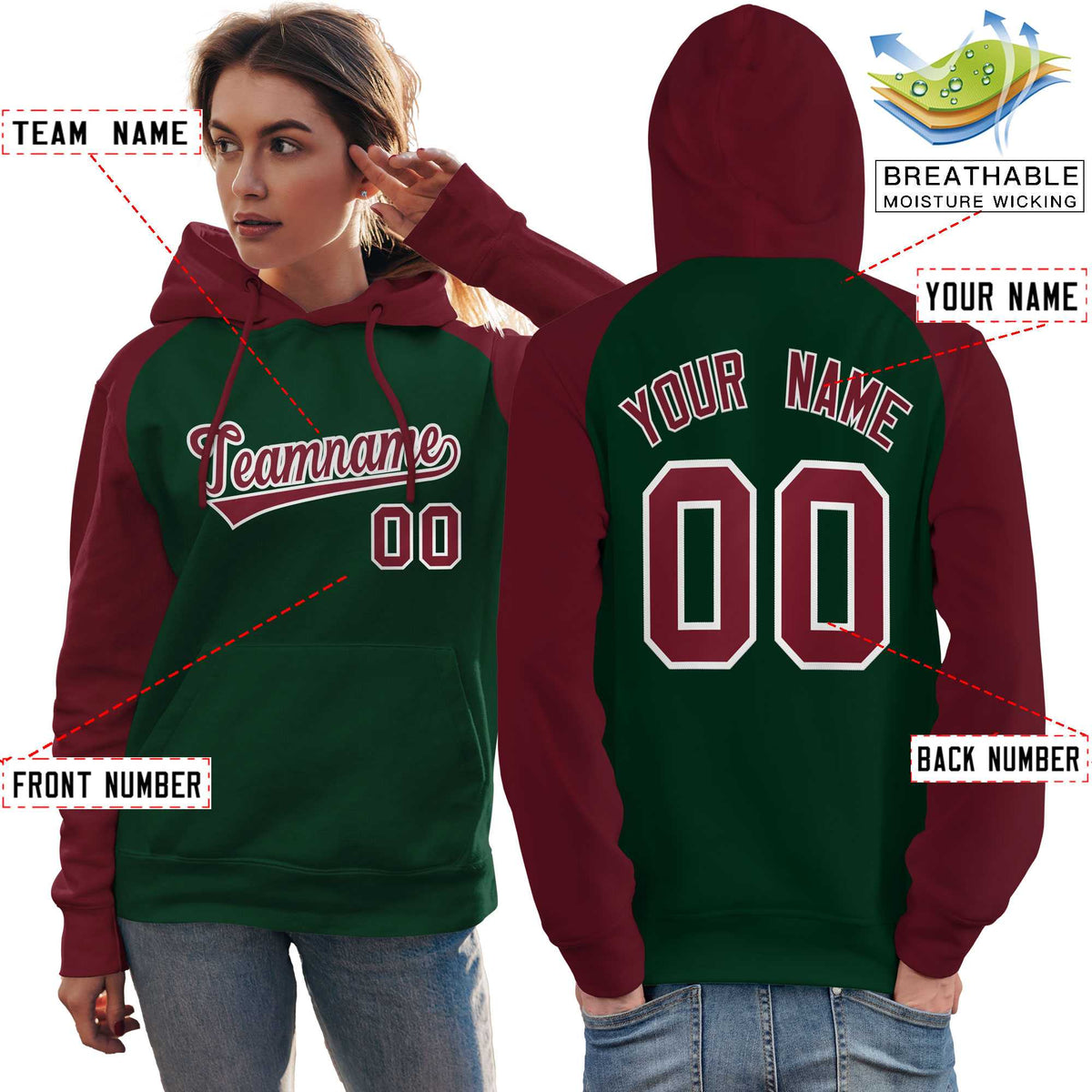 Custom Stitched Green Crimson Raglan Sleeves Sports Pullover Sweatshirt Hoodie For Women| KXKSHOP