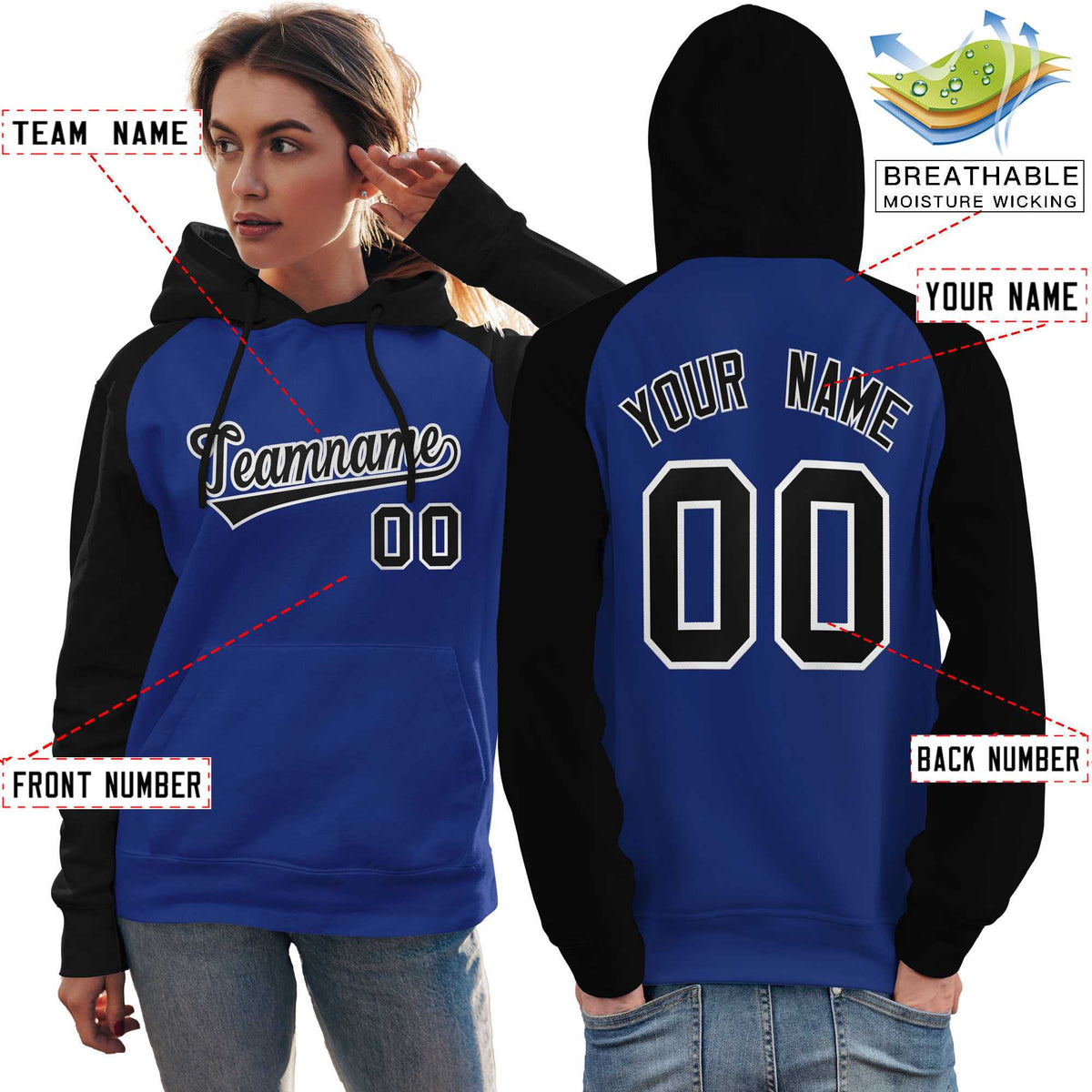Custom Stitched Royal Black Raglan Sleeves Sports Pullover Sweatshirt Hoodie For Women| KXKSHOP