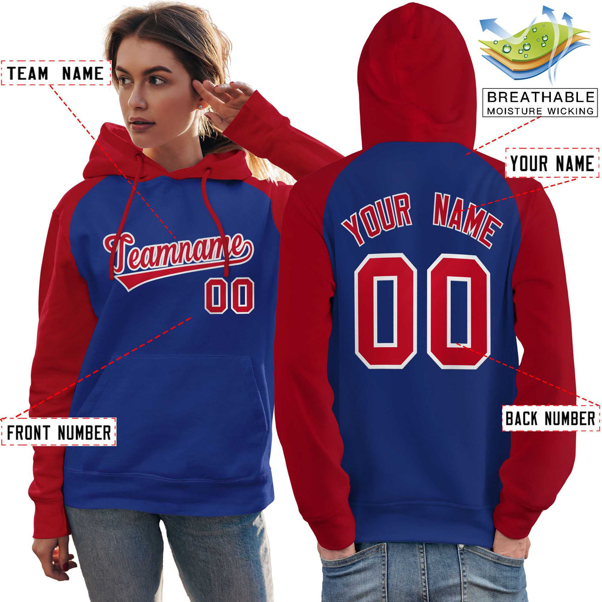 Custom Stitched Royal Red Raglan Sleeves Sports Pullover Sweatshirt Hoodie For Women| KXKSHOP
