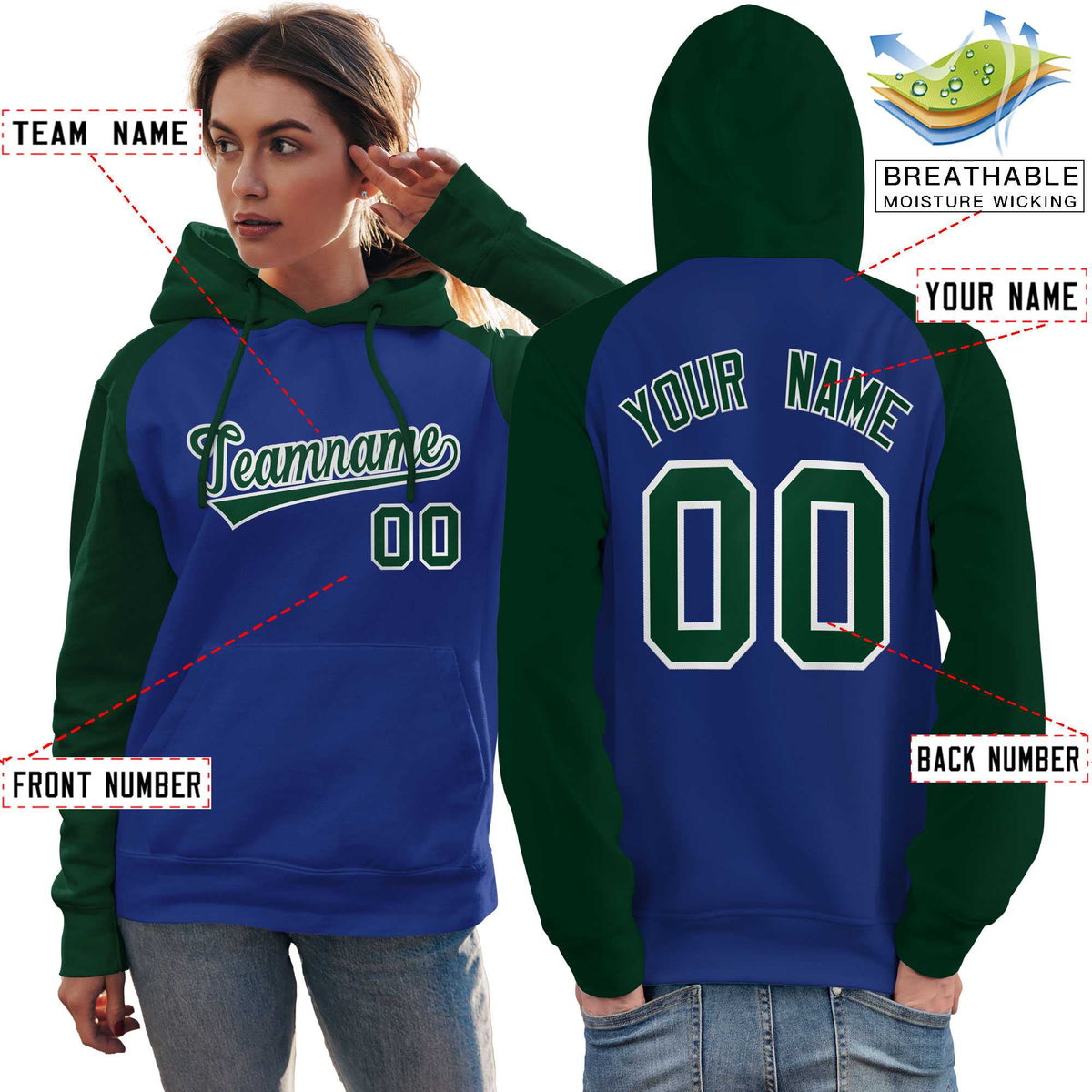Custom Stitched Royal Green Raglan Sleeves Sports Pullover Sweatshirt Hoodie For Women| KXKSHOP