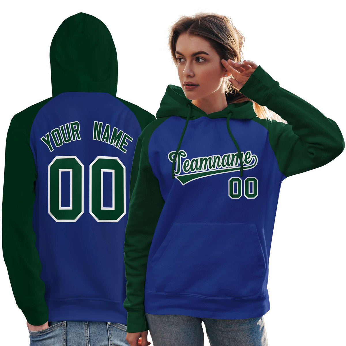 Custom Stitched Royal Green Raglan Sleeves Sports Pullover Sweatshirt Hoodie For Women| KXKSHOP