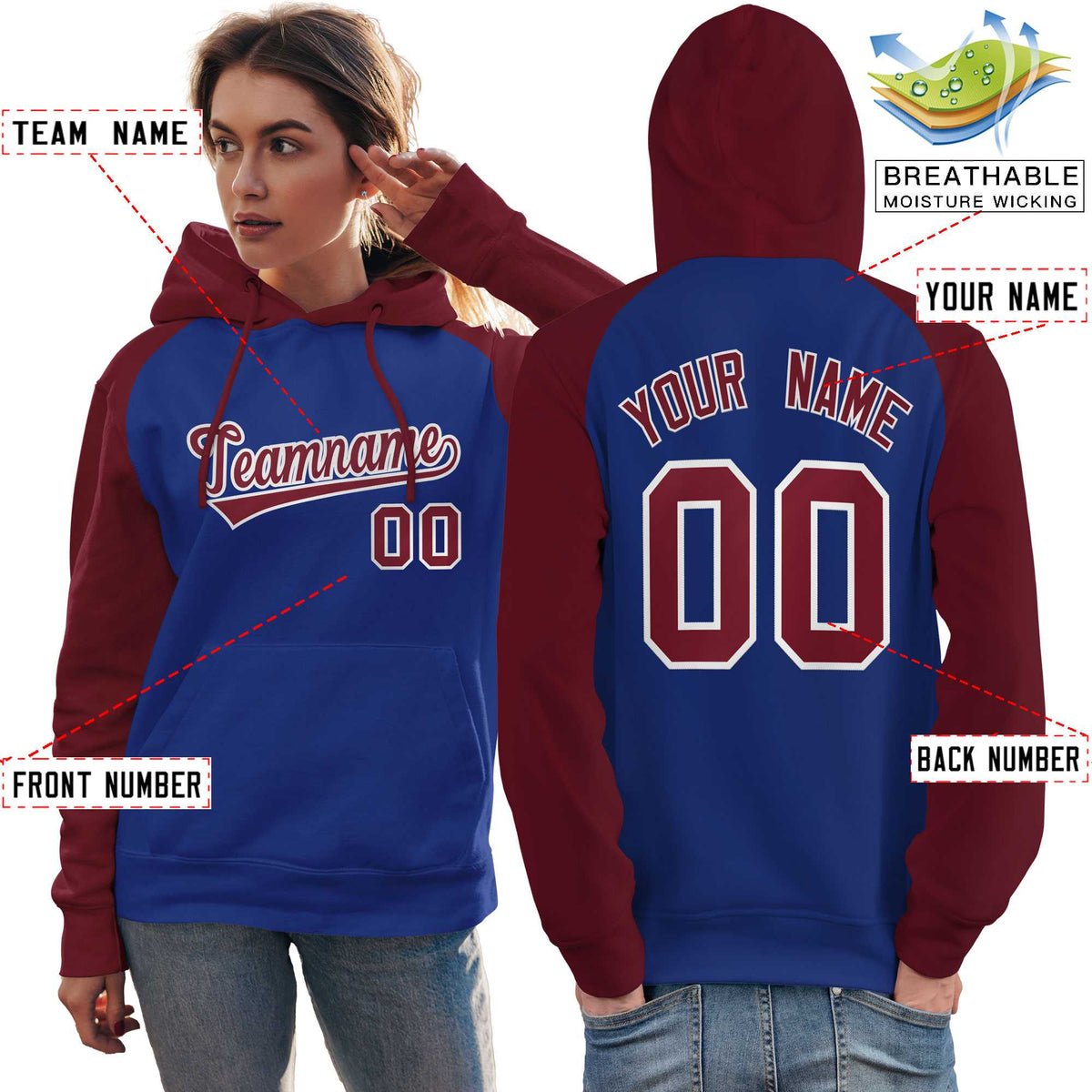 Custom Stitched Royal Crimson Raglan Sleeves Sports Pullover Sweatshirt Hoodie For Women| KXKSHOP
