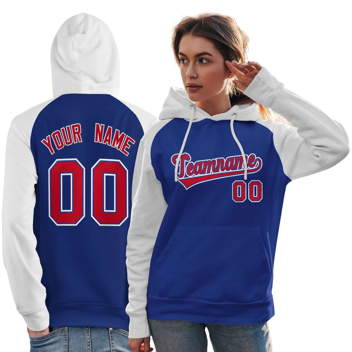 Custom Stitched Royal White-Red Raglan Sleeves Sports Pullover Sweatshirt Hoodie For Women| KXKSHOP