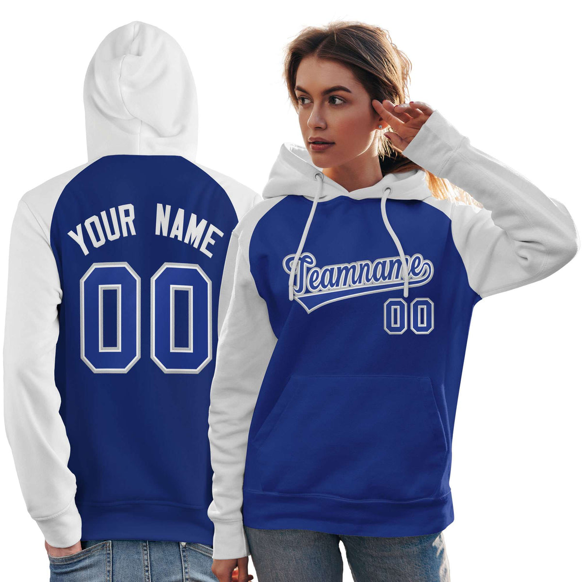 Custom Stitched Royal White Raglan Sleeves Sports Pullover Sweatshirt Hoodie For Women| KXKSHOP