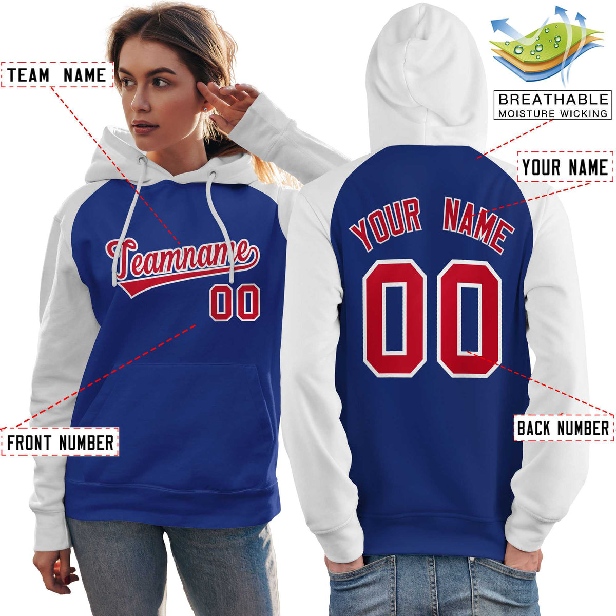 Custom Stitched Royal White-Red Raglan Sleeves Sports Pullover Sweatshirt Hoodie For Women| KXKSHOP