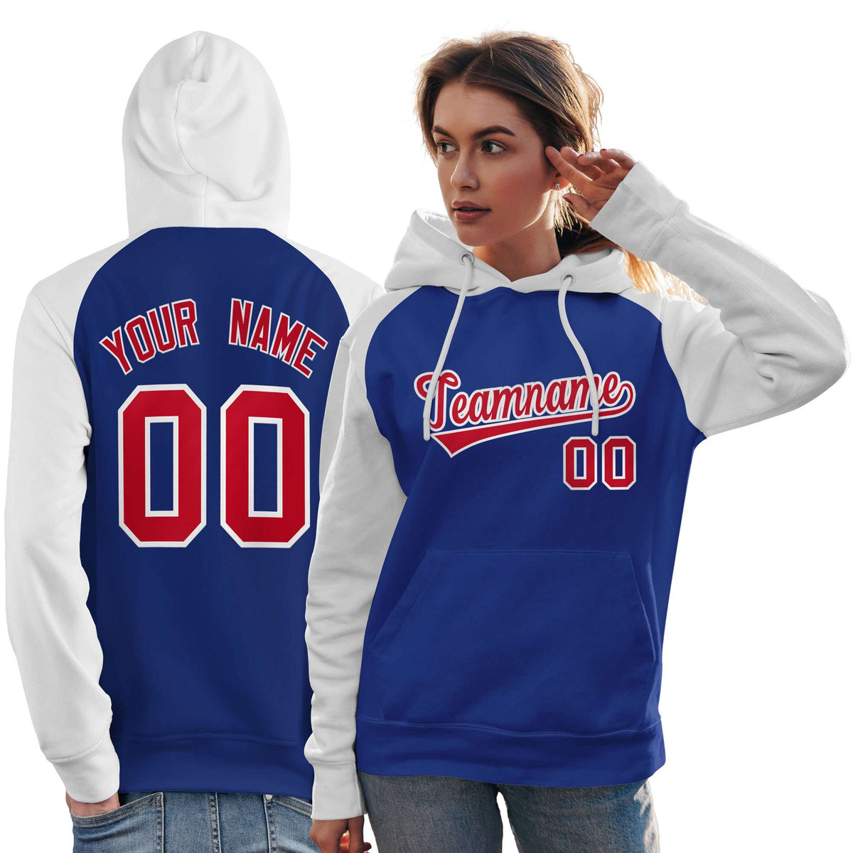 Custom Stitched Royal White-Red Raglan Sleeves Sports Pullover Sweatshirt Hoodie For Women| KXKSHOP