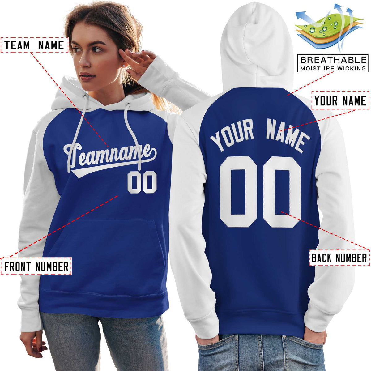 Custom Stitched Royal White Raglan Sleeves Sports Pullover Sweatshirt Hoodie For Women| KXKSHOP