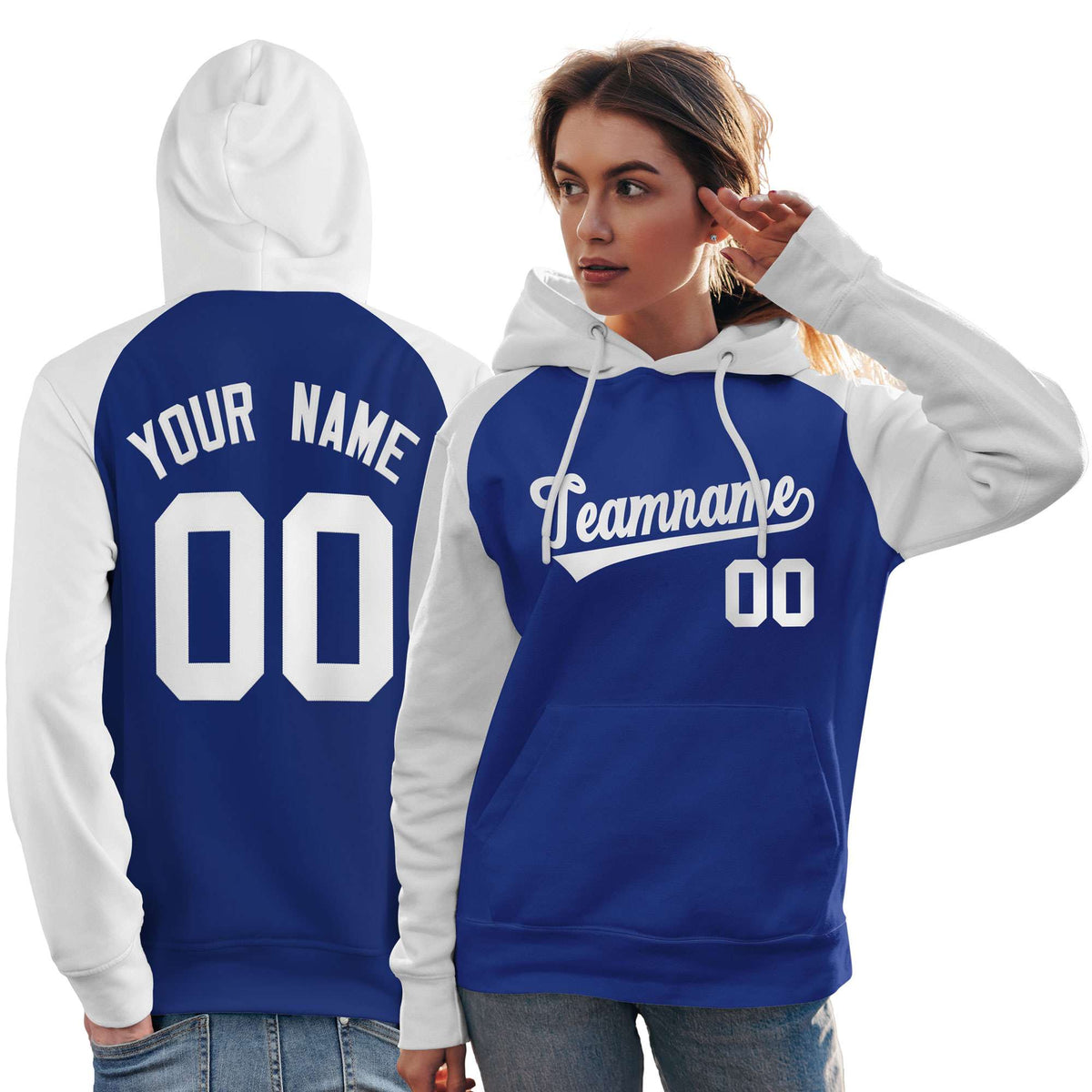 Custom Stitched Royal White Raglan Sleeves Sports Pullover Sweatshirt Hoodie For Women| KXKSHOP
