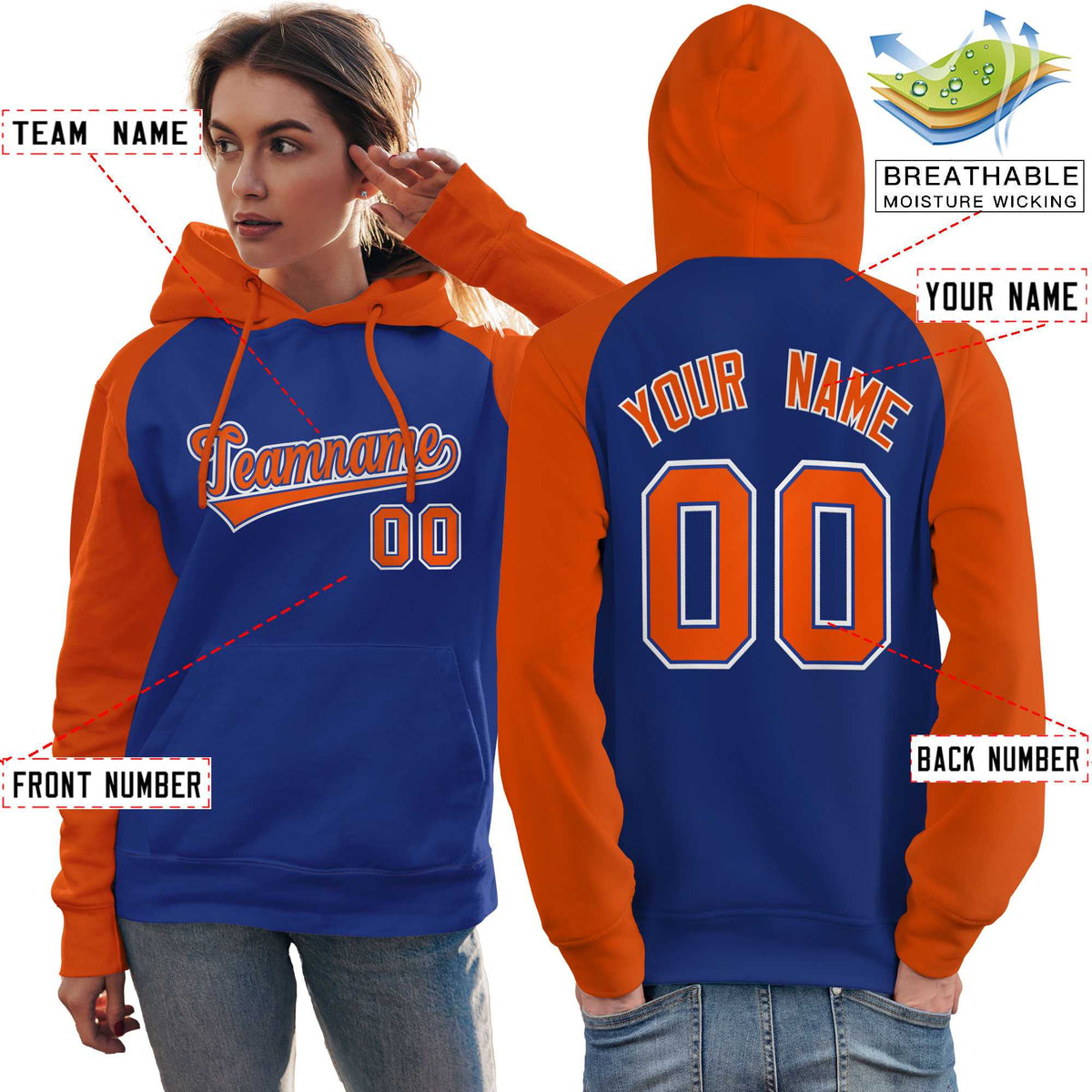Custom Stitched Royal Orange Raglan Sleeves Sports Pullover Sweatshirt Hoodie For Women| KXKSHOP