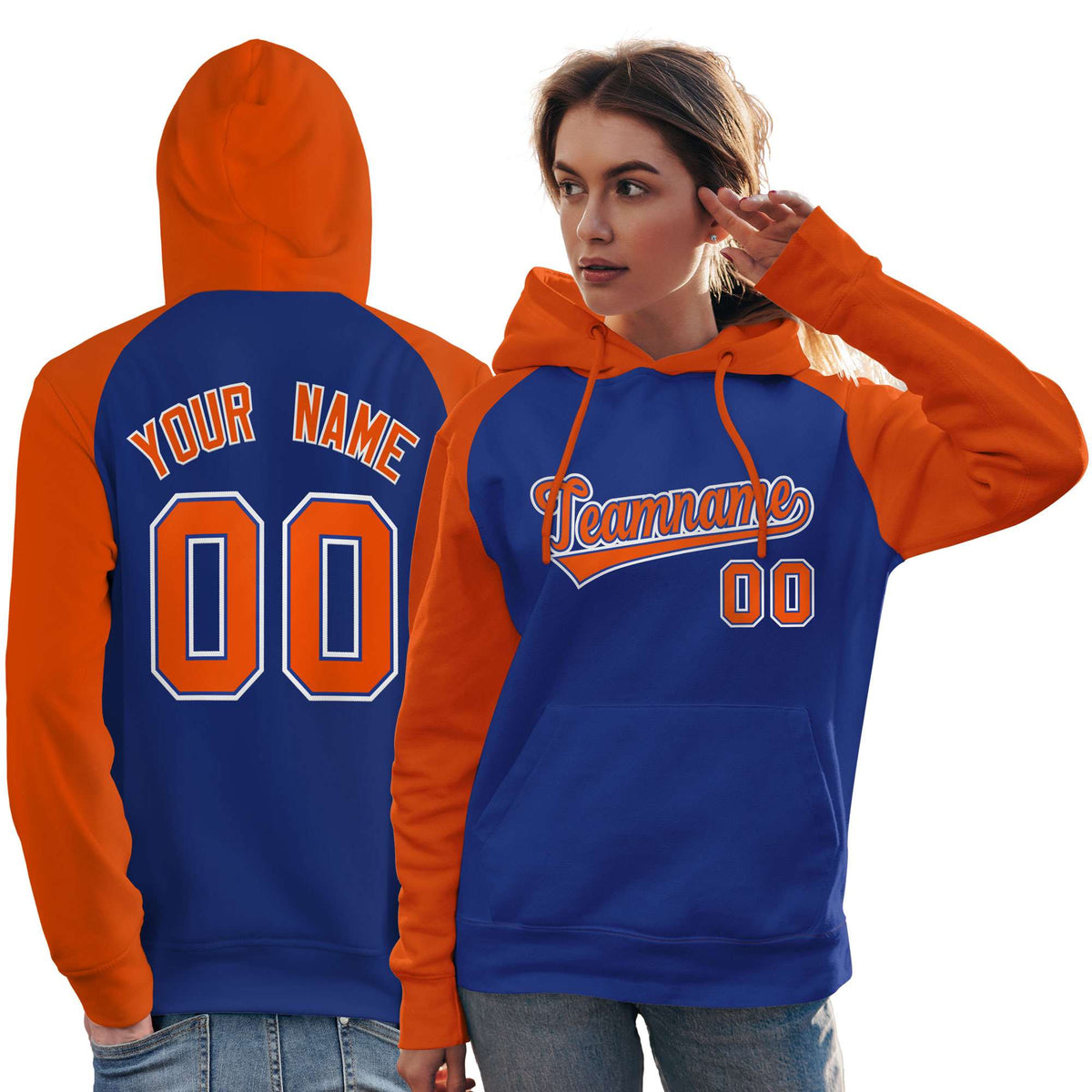 Custom Stitched Royal Orange Raglan Sleeves Sports Pullover Sweatshirt Hoodie For Women| KXKSHOP