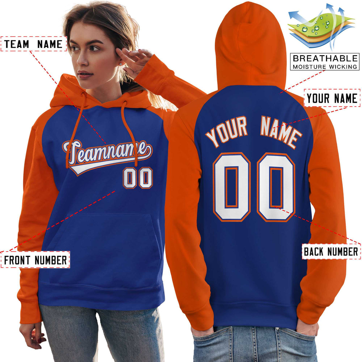 Custom Stitched Royal Orange-White Raglan Sleeves Sports Pullover Sweatshirt Hoodie For Women| KXKSHOP