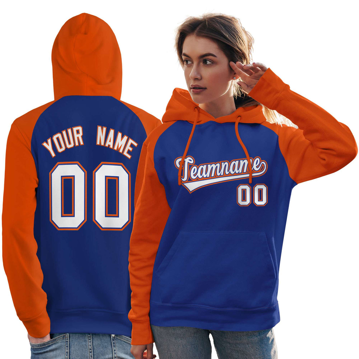 Custom Stitched Royal Orange-White Raglan Sleeves Sports Pullover Sweatshirt Hoodie For Women| KXKSHOP