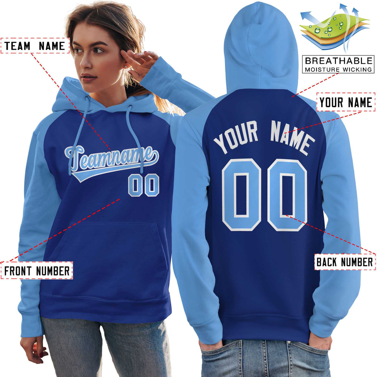 Custom Stitched Royal Powder Blue Raglan Sleeves Sports Pullover Sweatshirt Hoodie For Women| KXKSHOP