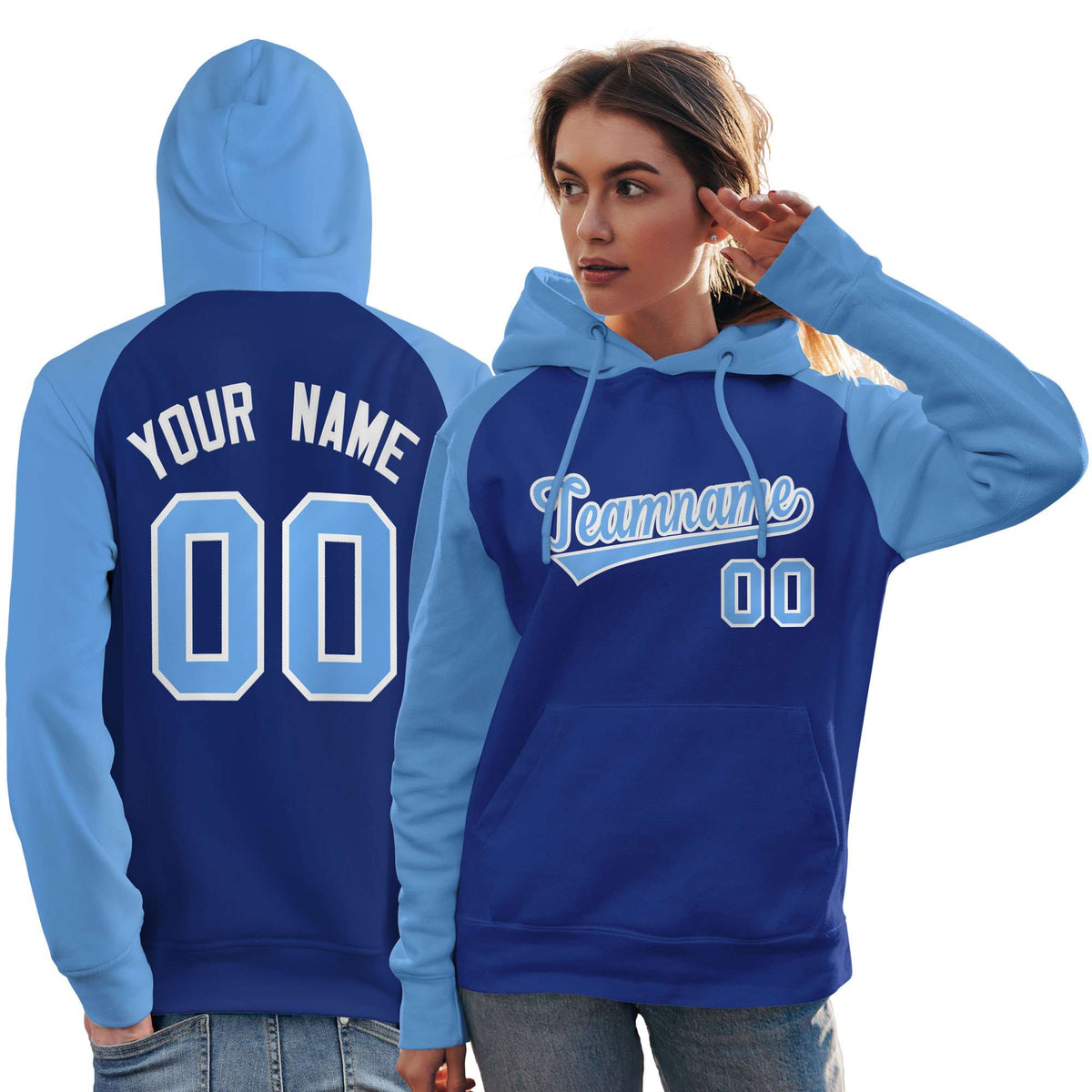 Custom Stitched Royal Powder Blue Raglan Sleeves Sports Pullover Sweatshirt Hoodie For Women| KXKSHOP