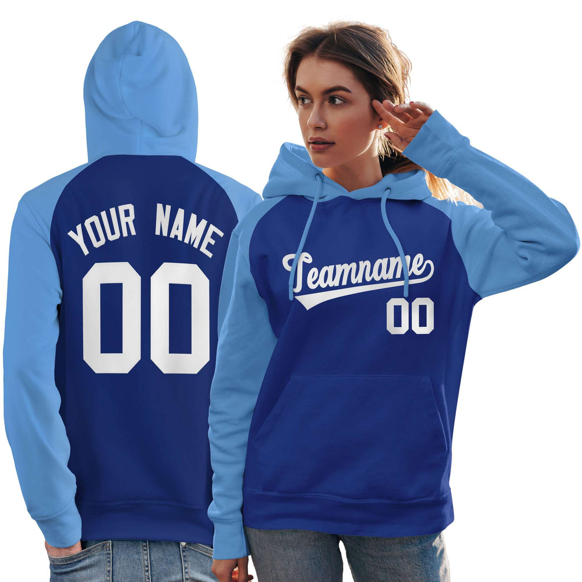 Custom Stitched Royal Powder Blue-White Raglan Sleeves Sports Pullover Sweatshirt Hoodie For Women| KXKSHOP