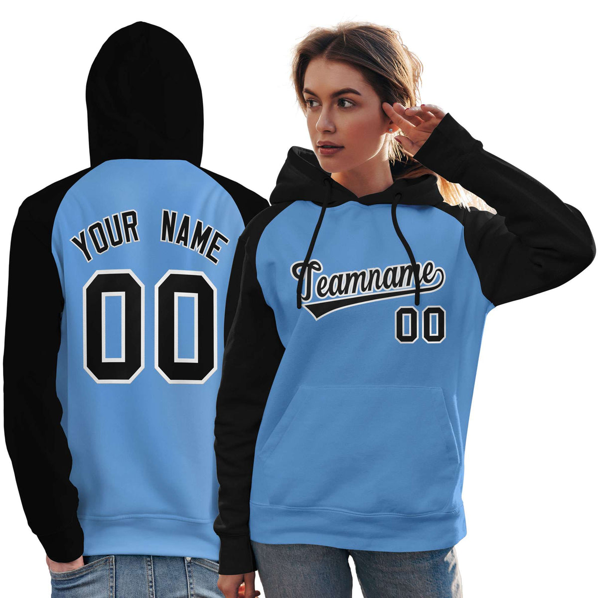 Custom Stitched Powder Blue Black Raglan Sleeves Sports Pullover Sweatshirt Hoodie For Women| KXKSHOP