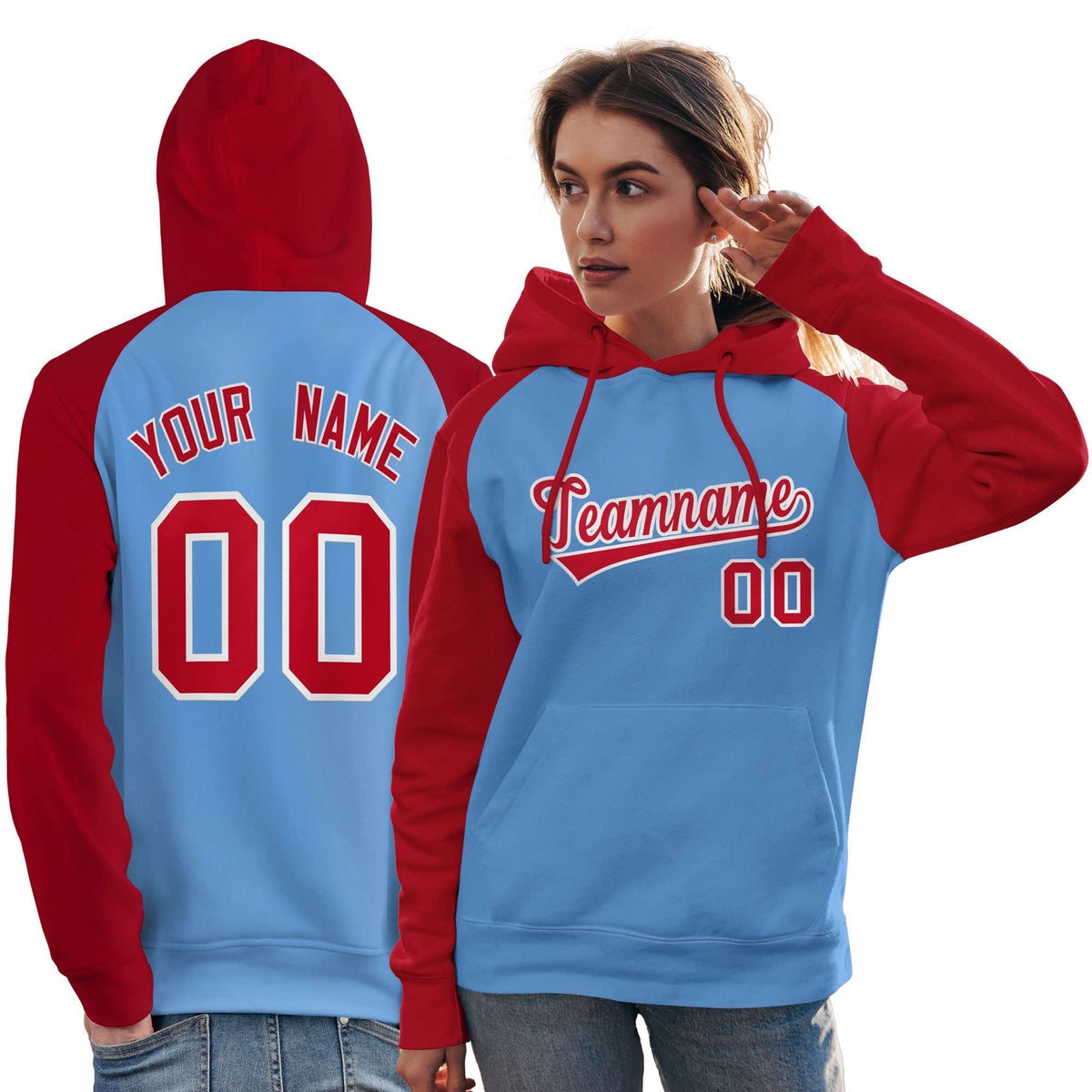 Custom Stitched Powder Blue Red Raglan Sleeves Sports Pullover Sweatshirt Hoodie For Women| KXKSHOP