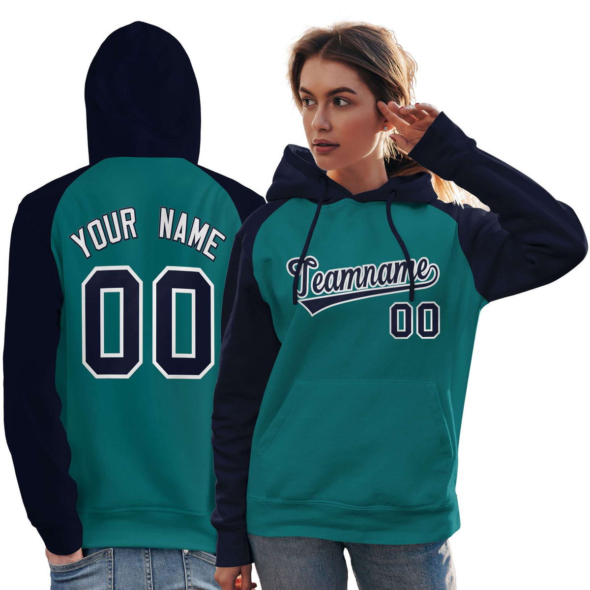 Custom Stitched Aqua Navy Raglan Sleeves Sports Pullover Sweatshirt Hoodie For Women| KXKSHOP