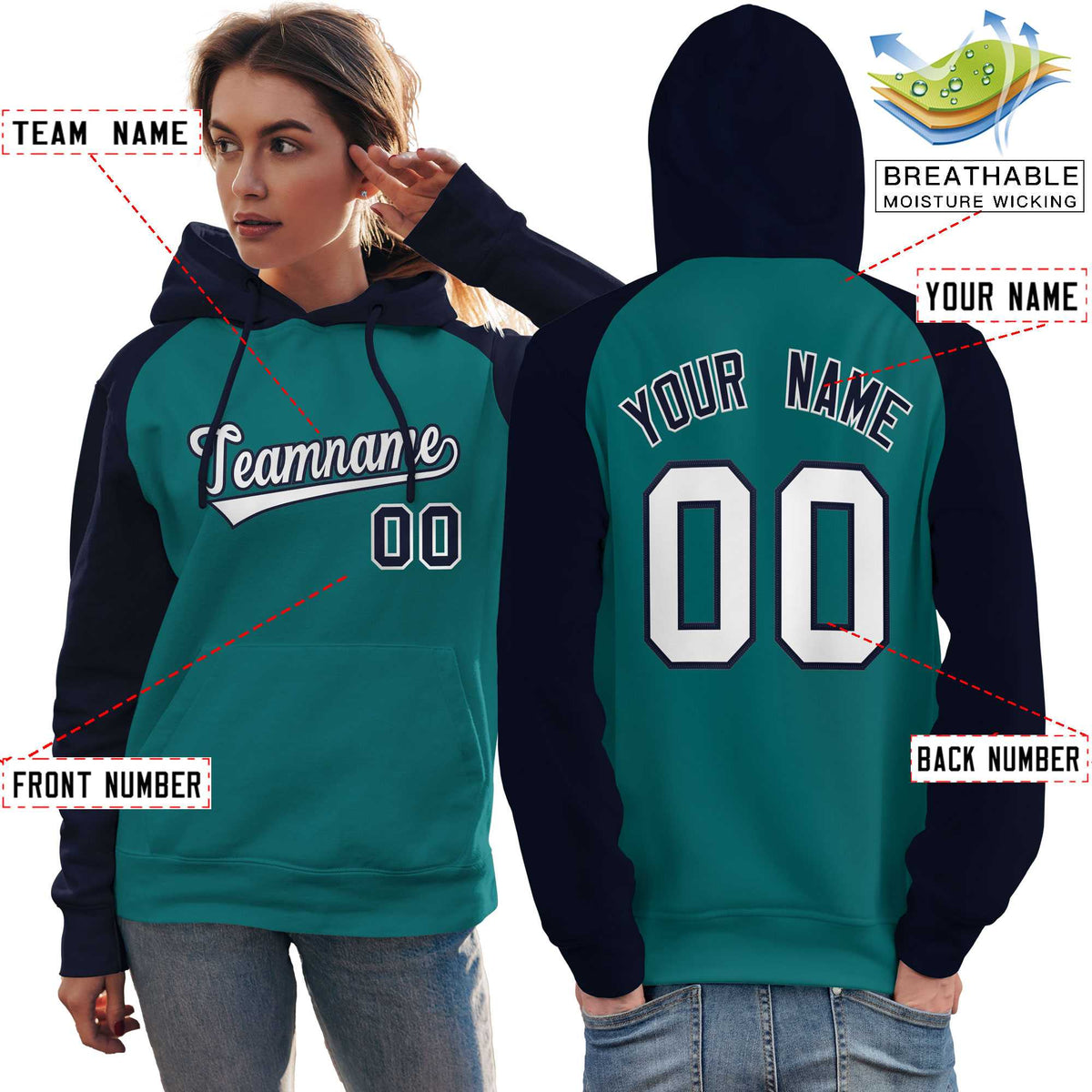 Custom Stitched Aqua Navy-White Raglan Sleeves Sports Pullover Sweatshirt Hoodie For Women| KXKSHOP